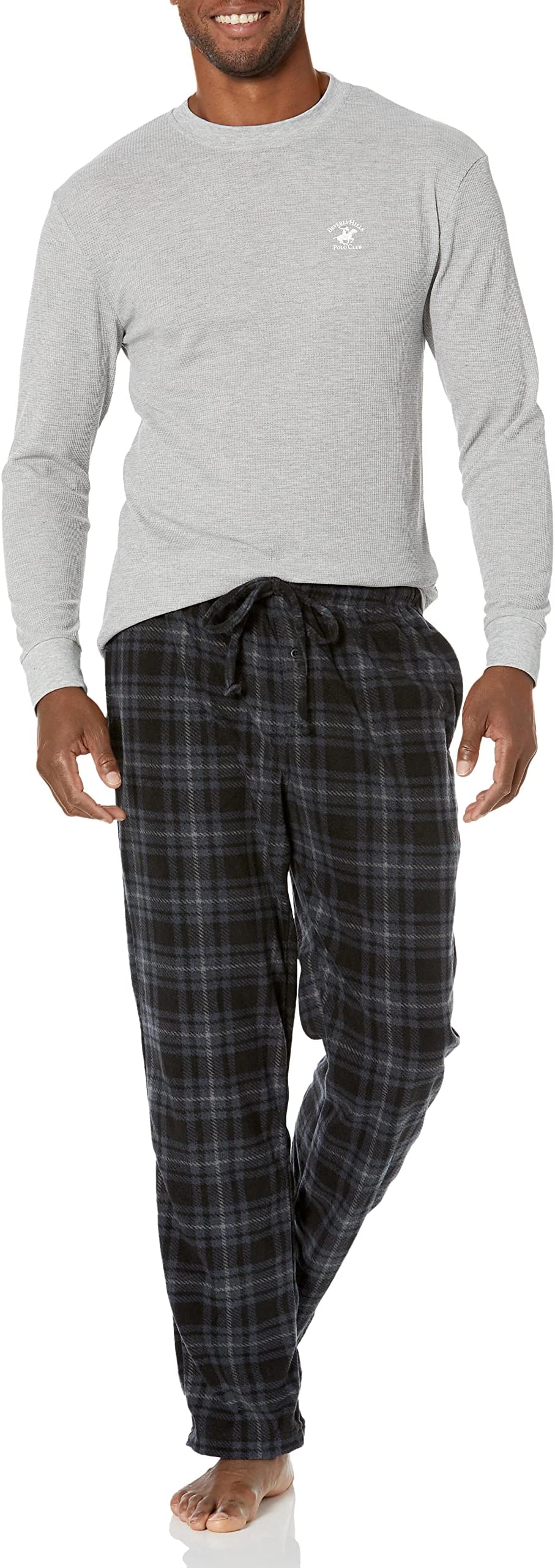 Beverly Hills Polo Club mens Beverly Hills Polo Polar Fleece W/Thermal Top Pajama Set, Grey Top With Char/Blk Pants, X-Large US