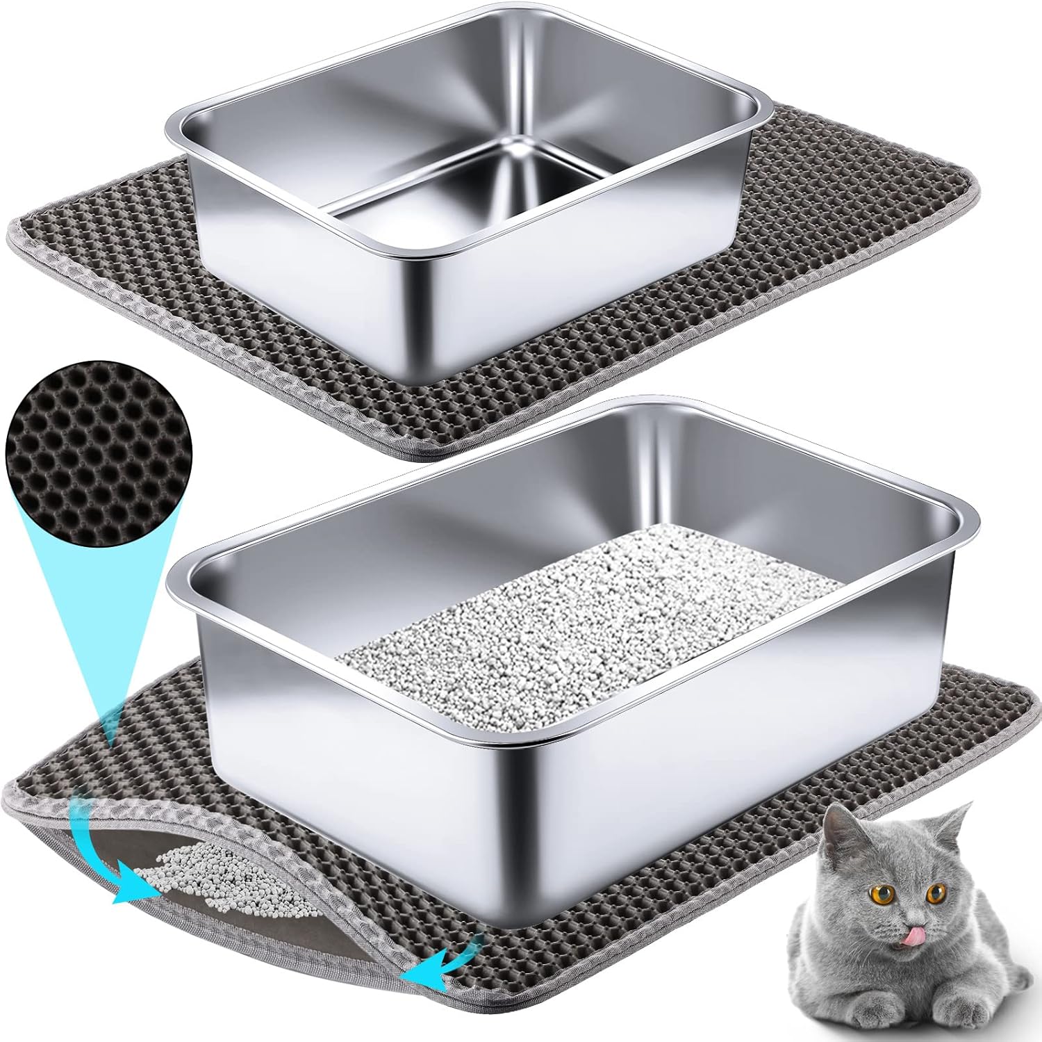 2 Sets Stainless Steel Cat Litter Box Kitten Litter Box Mat