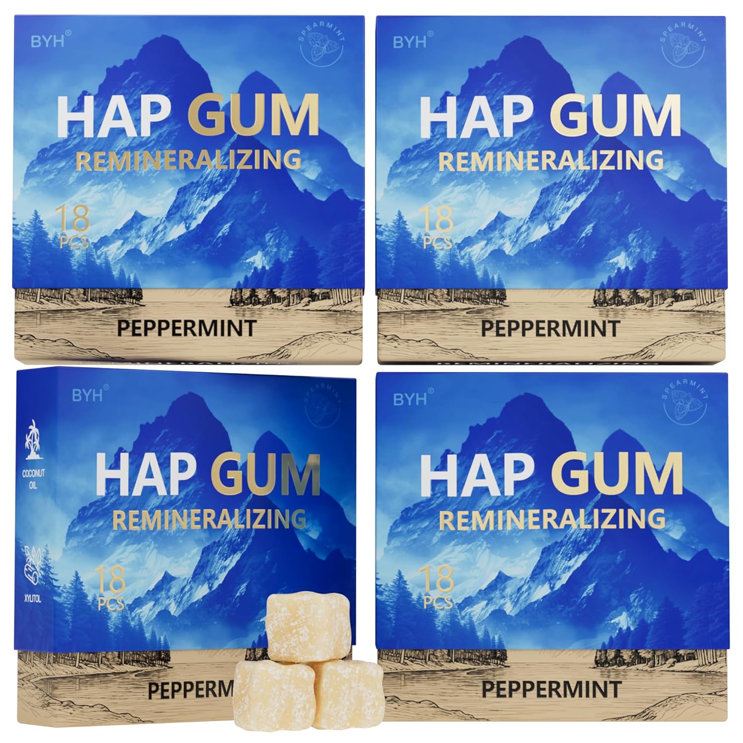 BYH Remineralizing Gum with Nano Hydroxyapatite & Xylitol – Sugar Free Gum for Tooth Remineralization, Cavity Protection & Receding Gums, Natural Peppermint Chewing Gum – Fresh Mint-72 Pieces (4 Boxes) (Four boxes, Peppermint)