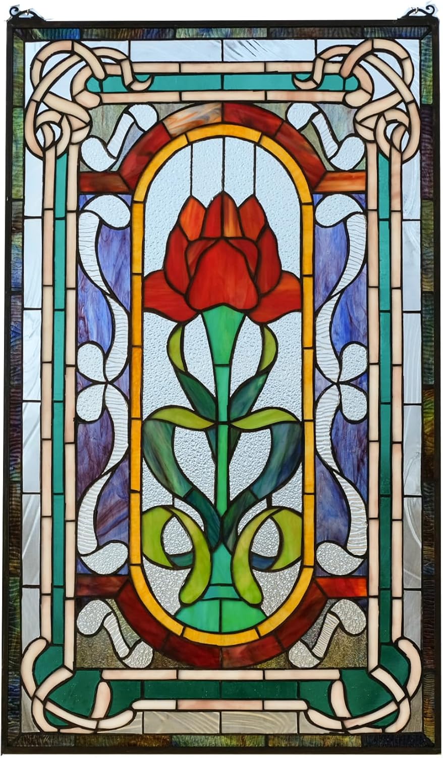 20" x 34" Handcrafted hanging stained glass beveled window panel Rose Flower