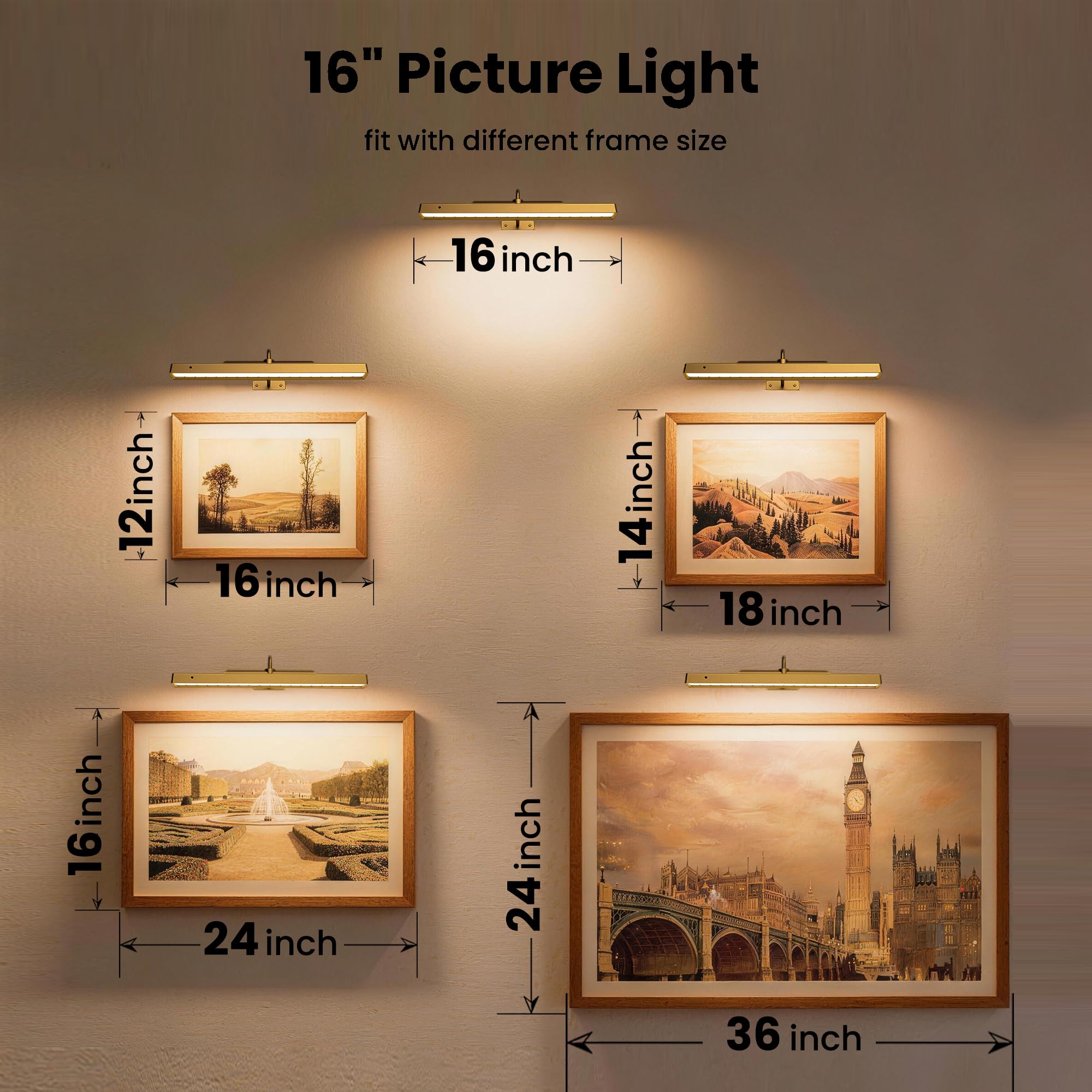 Luce per immagini wireless a batteria, 40,6 cm, per Wal, confezione da 2 lampade ricaricabili da 5000 mAh, applique da parete per immagini da parete, opere d'arte da galleria, dipinti, ritratti