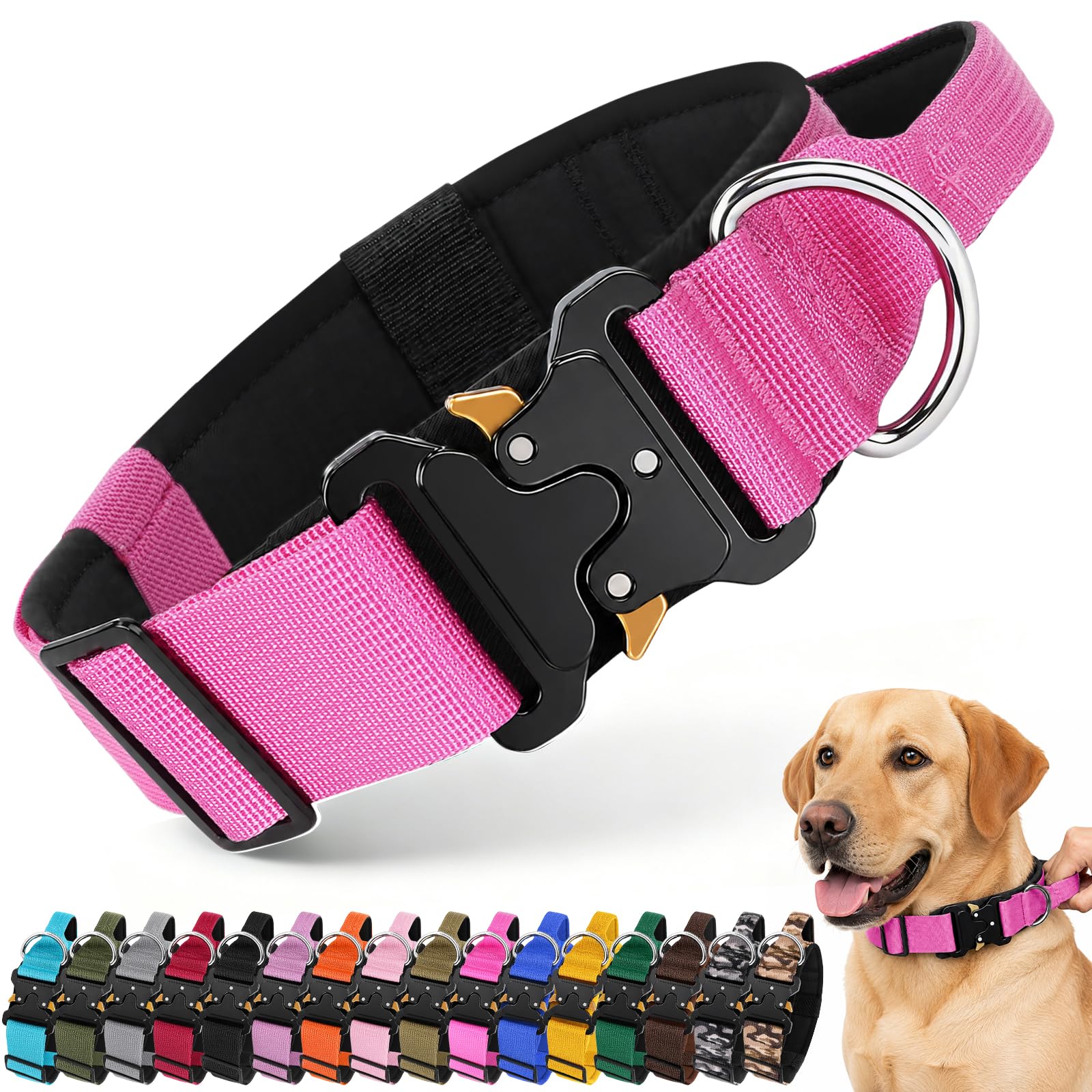 Tactical Dog Collar with Control Handle, Military Nylon Adjustable Dog Collar, Heavy Duty Wide Soft Padded Pet Collar with Metal Buckle for Medium Large Dogs Walking Training (Rose Red, XL)