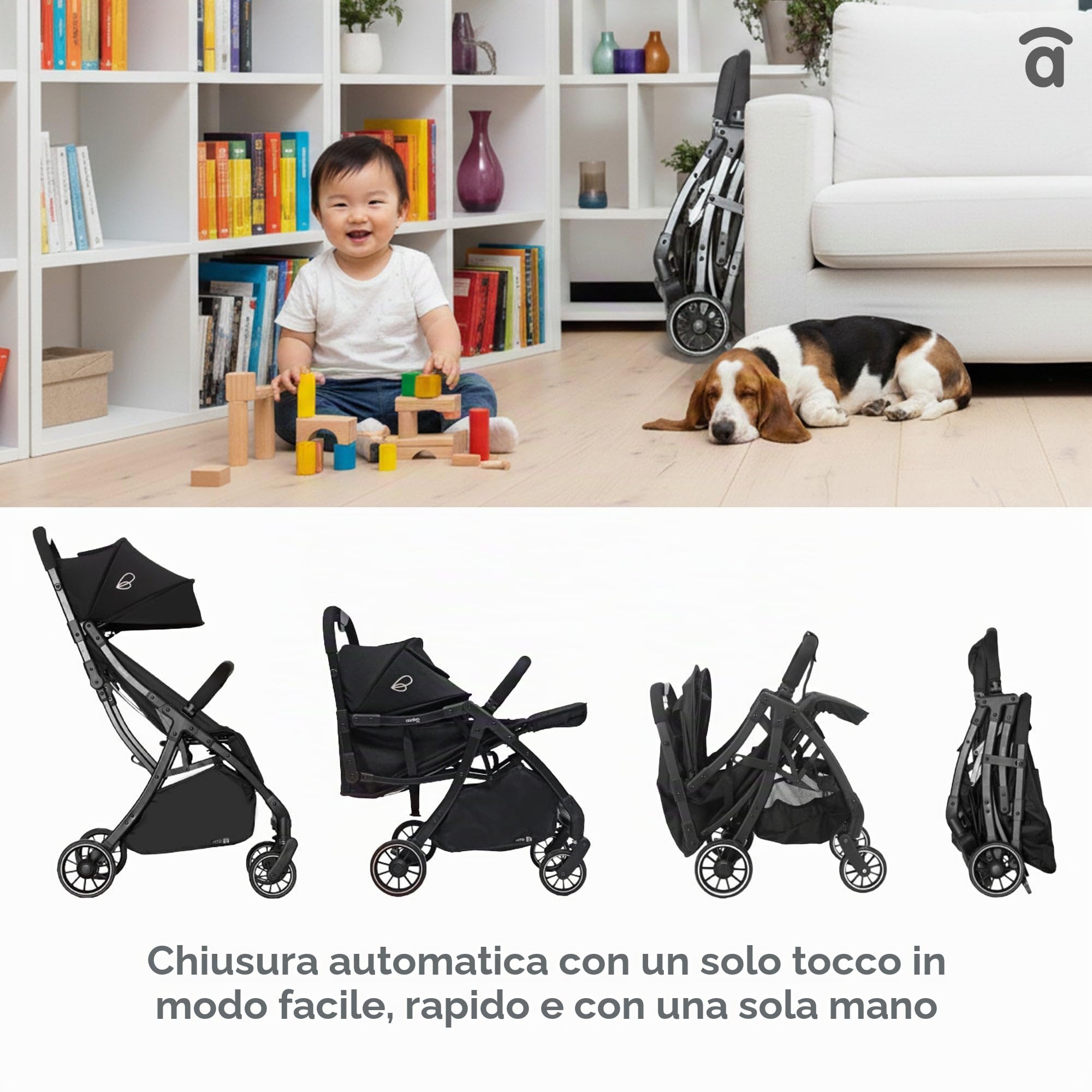 Asalvo Hito Passeggino, passeggino, passeggino, comodo, ultra leggero, sicuro, capottina con finestra e freno posteriore, maneggevole, pieghevole compatto, carico massimo 24 kg, nero