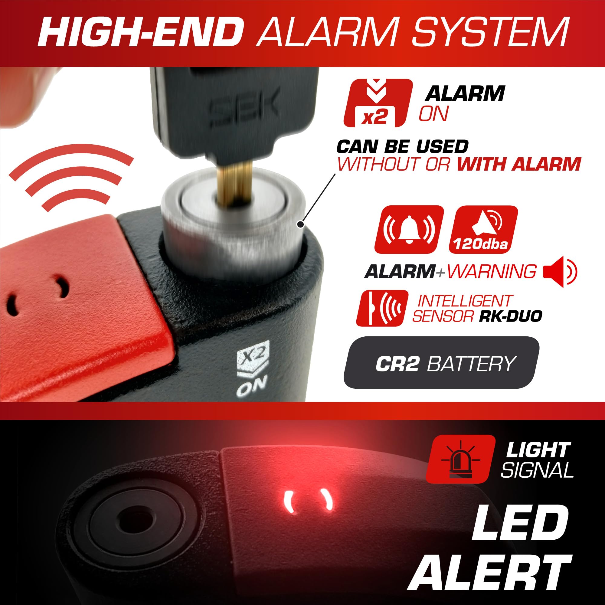 RADIKAL Blokada Anty-kradzieżowa Motocykla RK15 | Alarm 120dB, SRA Wysokie Zabezpieczenie | Funkcja WARNING Anti-Zapomnienie | Blokada Tarczy Stal Cementowana 14mm, Podwójne Ryglowanie, Kontrolka LED.