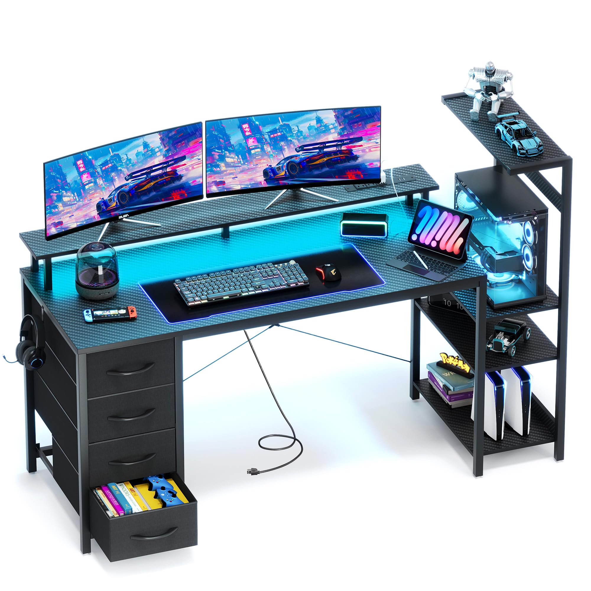 YOUDENOVA Biurko do gier z 4 szufladami z tkaniny, 150 x 48 cm, obustronne, z diodami LED i gniazdem, biurko z podporą na monitor, złącze USB, biurko do komputera do domu, biura i