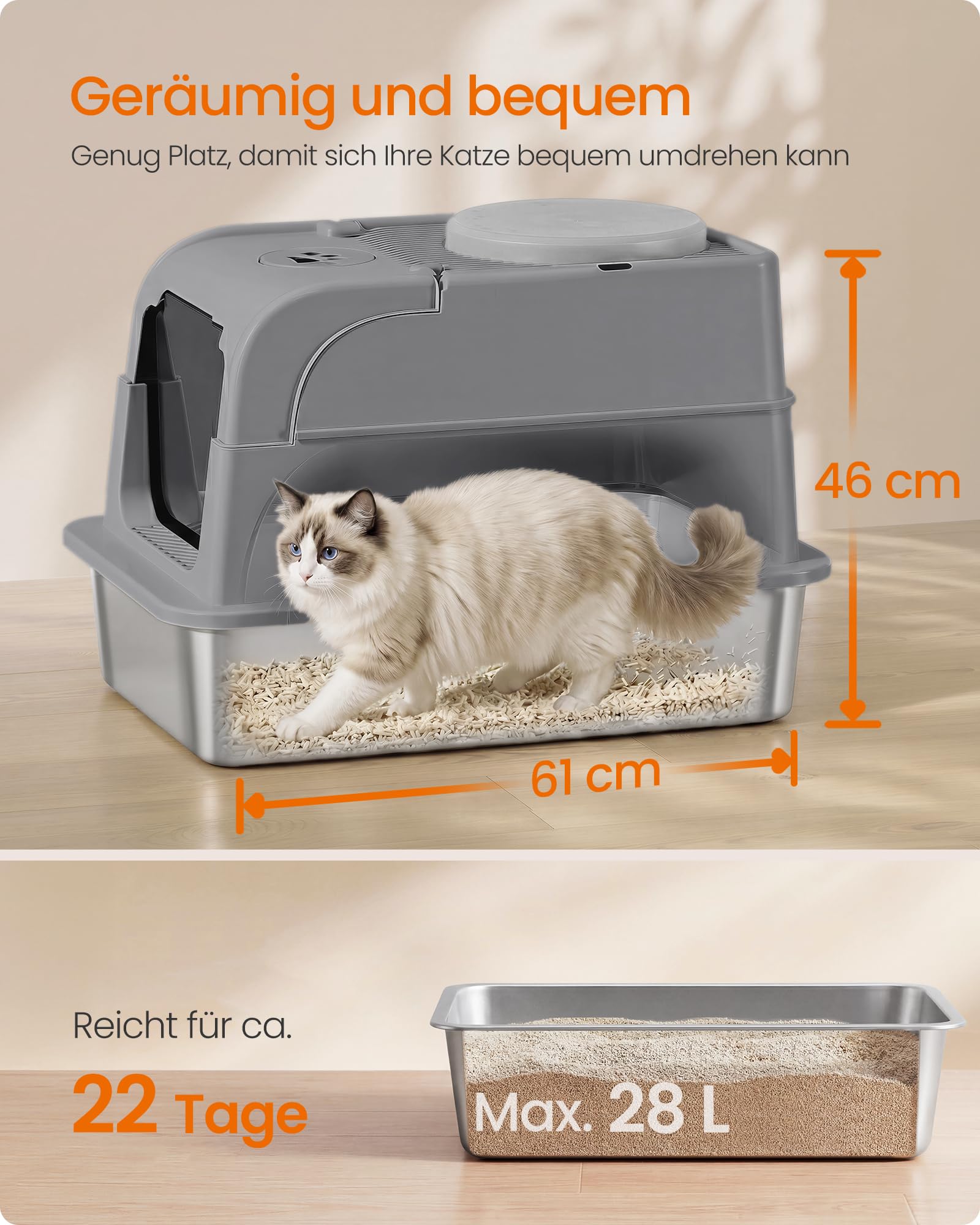 Feandrea Katzenklo Edelstahl, Katzentoilette mit Deckel, geschlossen, 2 Eingänge, inklusive Schaufel und Bürste, für Katzen bis 15 kg, taubengrau PPT021G201