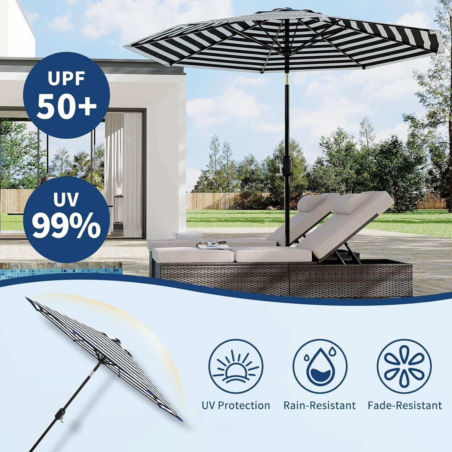 9 ft Patio Umbrella - 8 Sturdy Ribs Outdoor Table Umbrella with Crank Lift & Push Button Tilt - Market Umbrella for Pool, Deck, Yard, Garden - Black & White Stripe