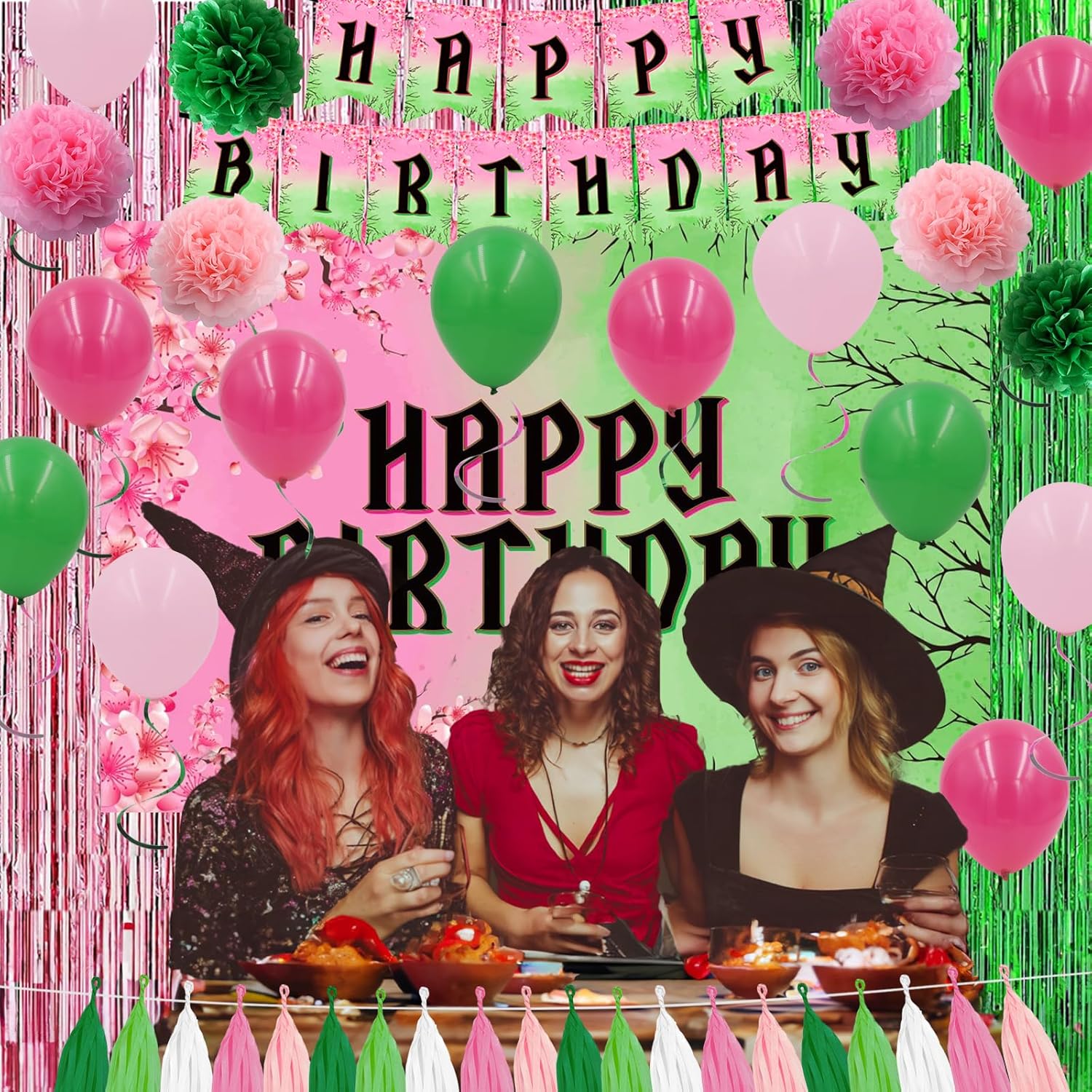 ピンクとグリーンのパーティーデコレーション、魔女とプリンセスの誕生日パーティーの装飾。ハッピーバースデーバナーの背景幕、ピンクとグリ