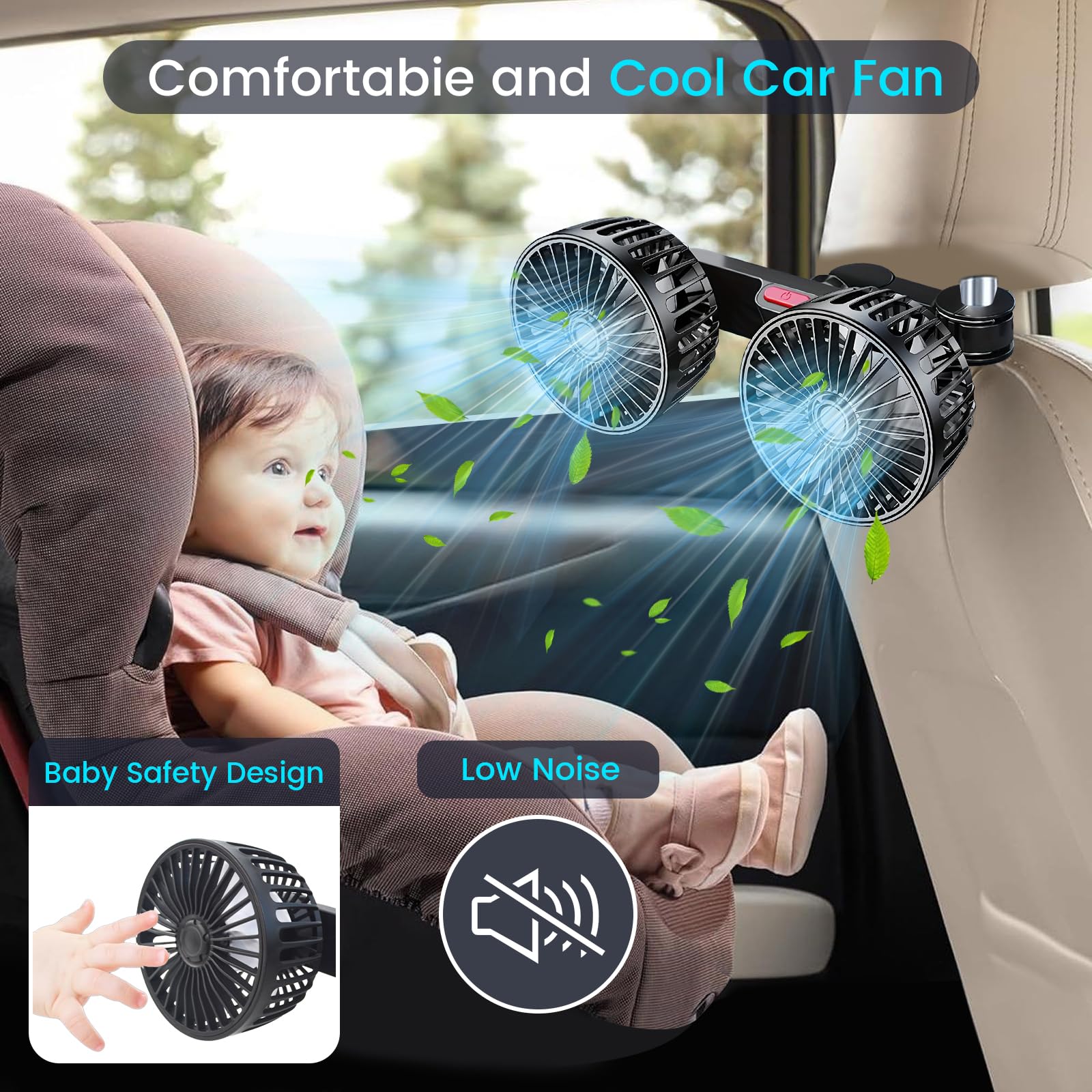 Ventiladores de refrigeración USB para asiento trasero, ventilador de coche de doble cabeza para niños, ventiladores giratorios de 360 grados, 3 velocidades, ultra silencioso, potente