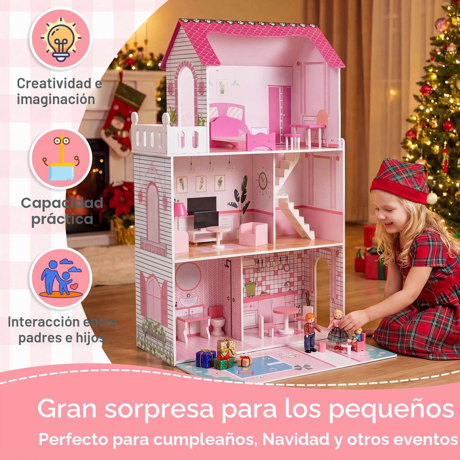 FANTASK Casa de muñecas de Madera de 120,5 cm de Alto, 3 Niveles y 17 Muebles, casa de Juegos para niñas y niños a Partir de 2 años, 73 x 34 x 120,5 cm (Rosa)