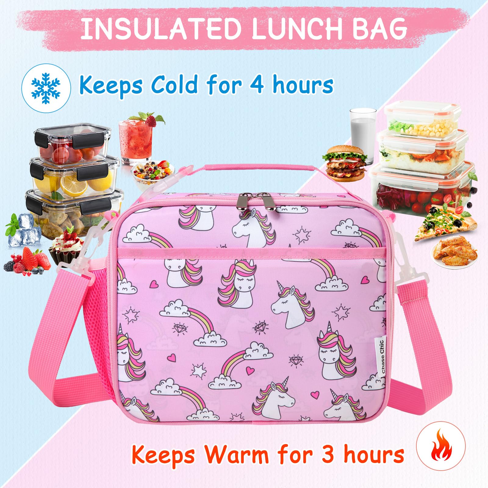 Chase Chic Borsa Termica Bambini, Ragazze Bambino Resistente All'acqua Portapranzo Bambini Scuola 5.8L Borsa Frigo Piccola Bambini per Primaria Viaggi Studenti 3-8 Anni, Unicorno Rosa