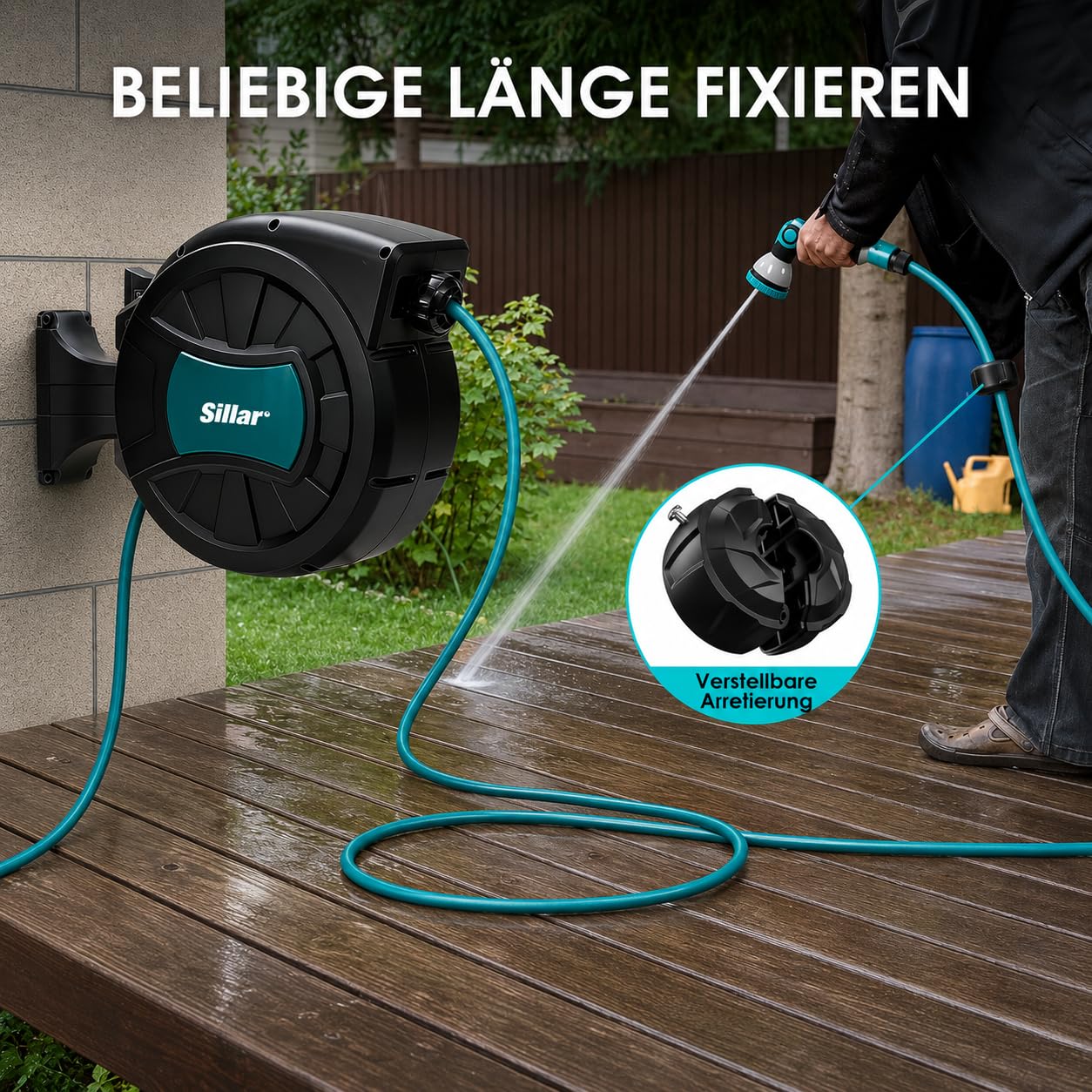 Sillar Schlauchtrommel mit Gartenschlauch 30m, Automatischer Schlauchaufroller zur Wandmontage, 180° schwenkbar, 1/2 Zoll Wasserschlauch, inkl. 7-Funktionen-Spritzpistole, Spritzdüse und Montageset