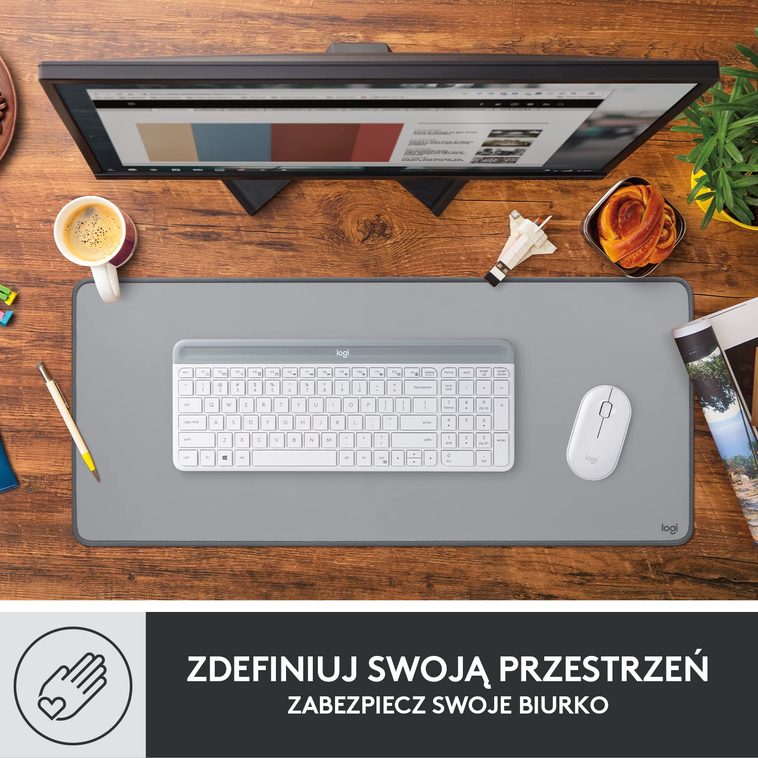 Logitech Desk Mat - Studio Series, Wielofunkcyjna duża mata na biurko, szeroka podkładka pod myszkę, MK470 Smukła klawiatura i mysz bezprzewodowa, zgodność z Windows, US INT'L - Czarny