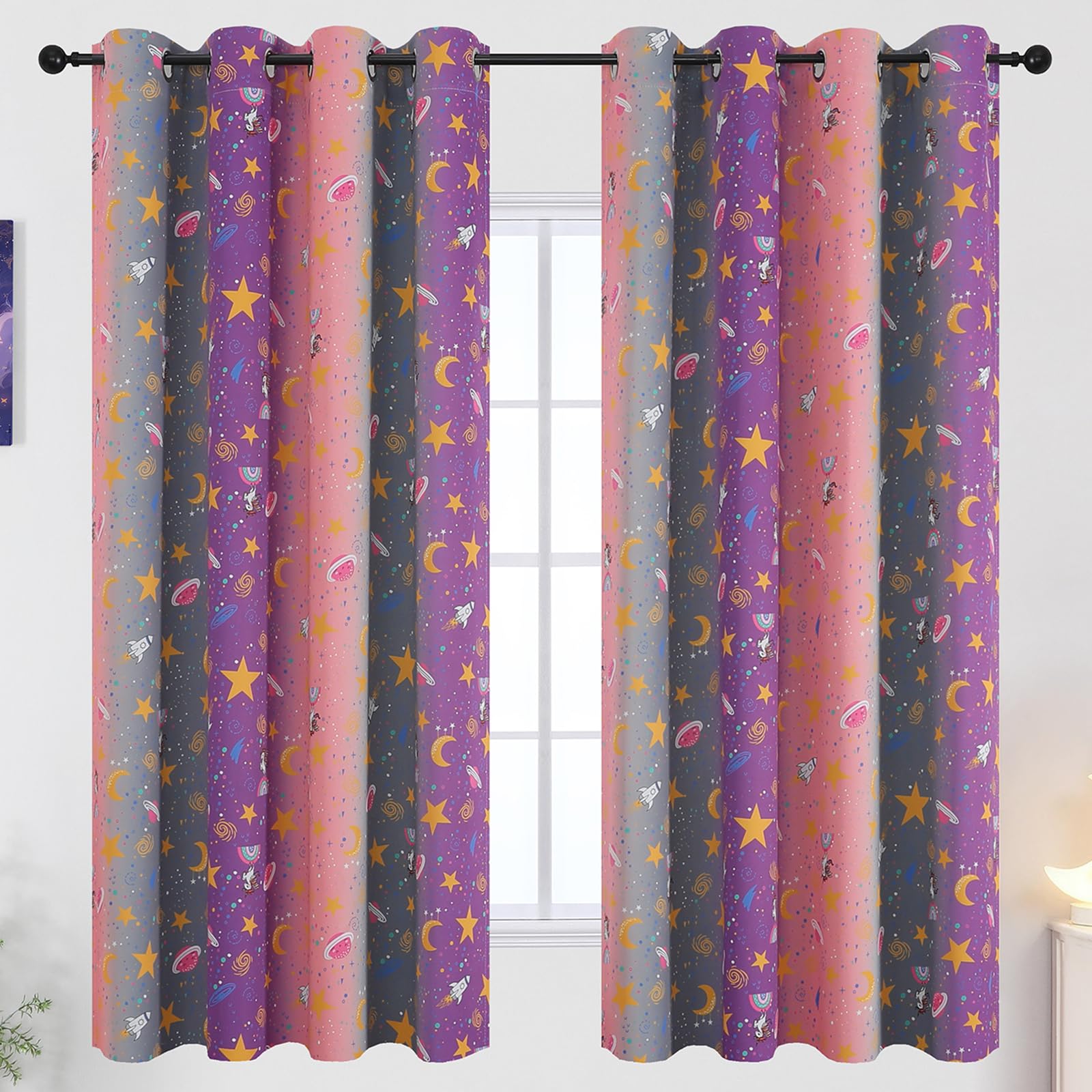 Pink Purple and Grey Room Darkening Curtains 63 Inch Long for Girls Bedroom