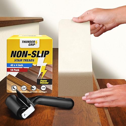 THUNDER GRIP Paquete de 18 peldaños de escalera transparentes antideslizantes para peldaños de madera, tiras autoadhesivas de 40 x 4 pulgadas para