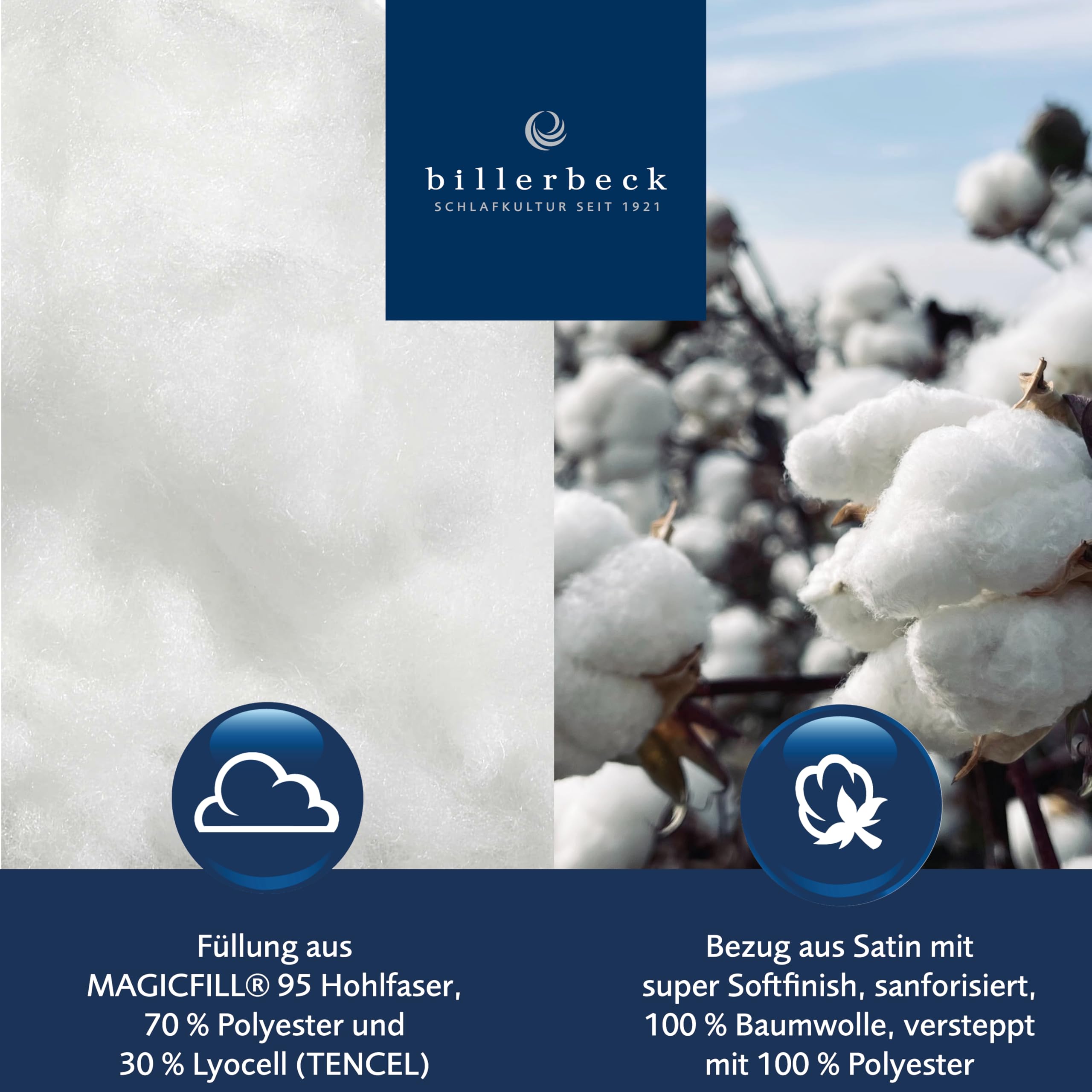 billerbeck Kopfkissen E22 Wash-Star - Faserkissen 40 x 80 cm - mittlerer Stützkraft – Bezug aus Baumwolle mit Reißverschluss – MAGICfill 95 - Hohlfaser, Weiß