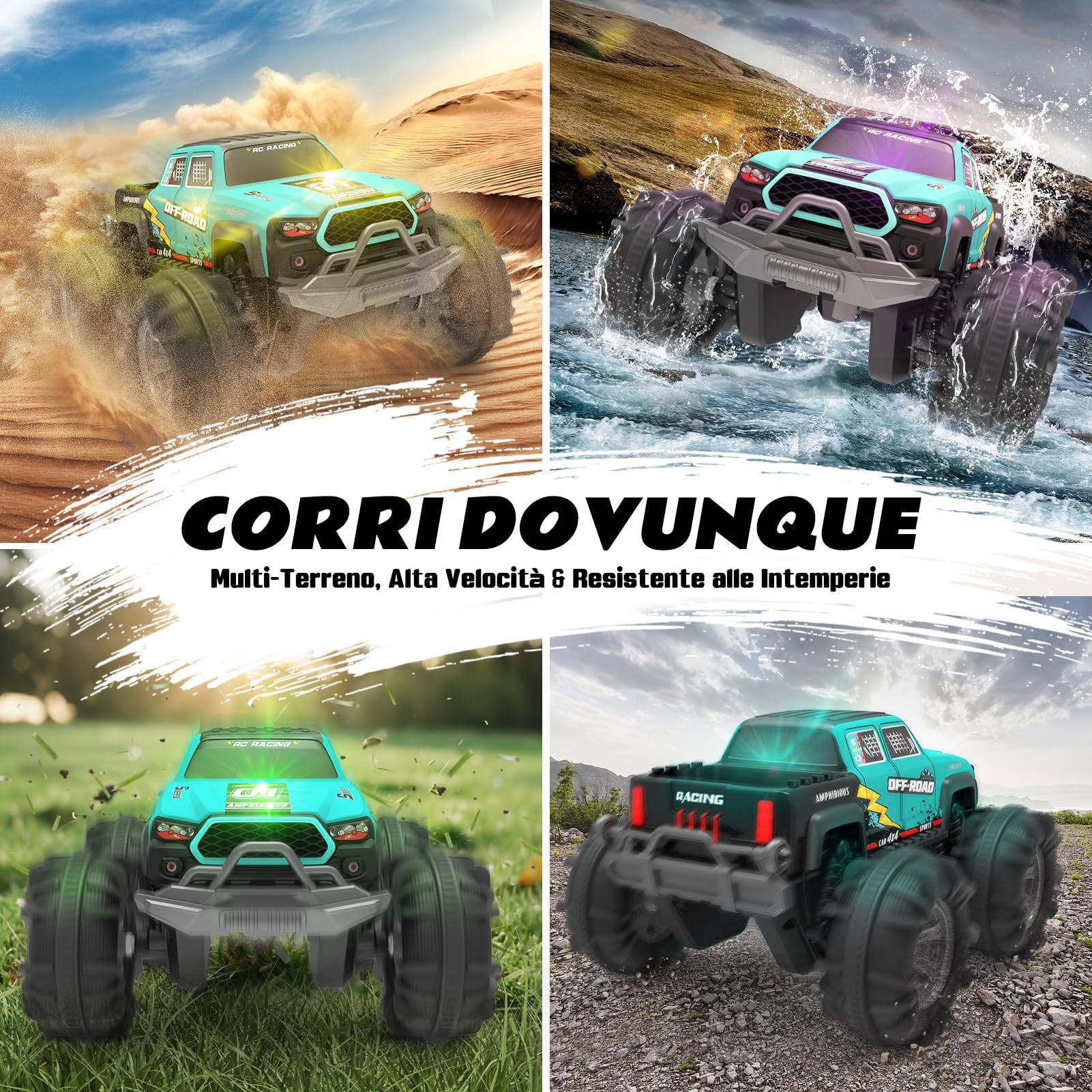 SIVQIKE Auto RC Anfibio 4WD Telecomandata – Macchina Stunt Offroad con Sensore Gesti, Luci LED, 2 Batterie, Giocattolo Impermeabile 4-12 Anni, per Sabbia Acqua e Terreno, Compatibile Mattoncini