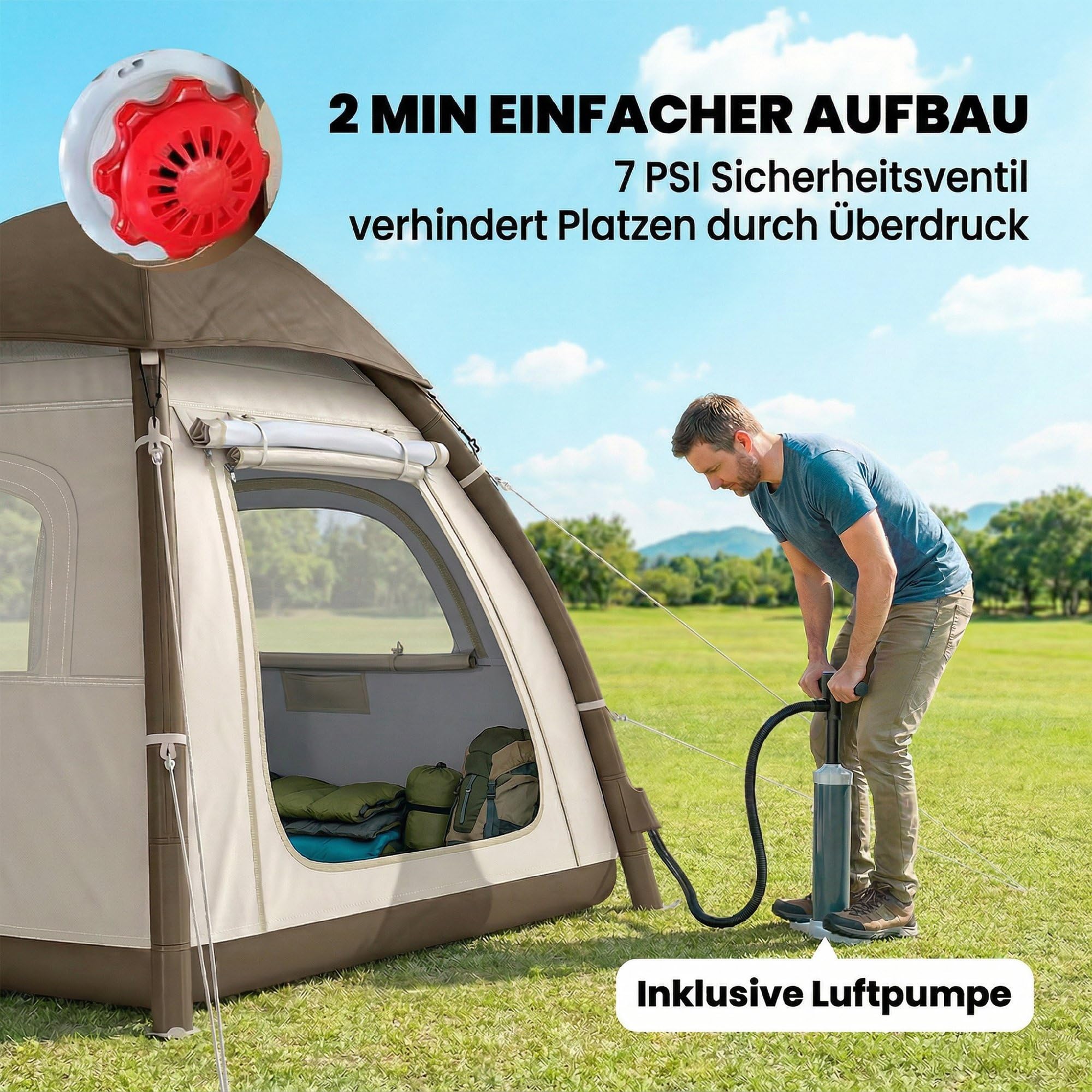Outsunny Aufblasbares Zelt 3 Personen Schneller Aufbau Outdoor Camping Zelt mit Luftpumpe Meshfenster abnehmbar Dach fluoreszierend Heringen Stehhöhe Vordach 3000 mm Wassersäule Air Glamping Zelte
