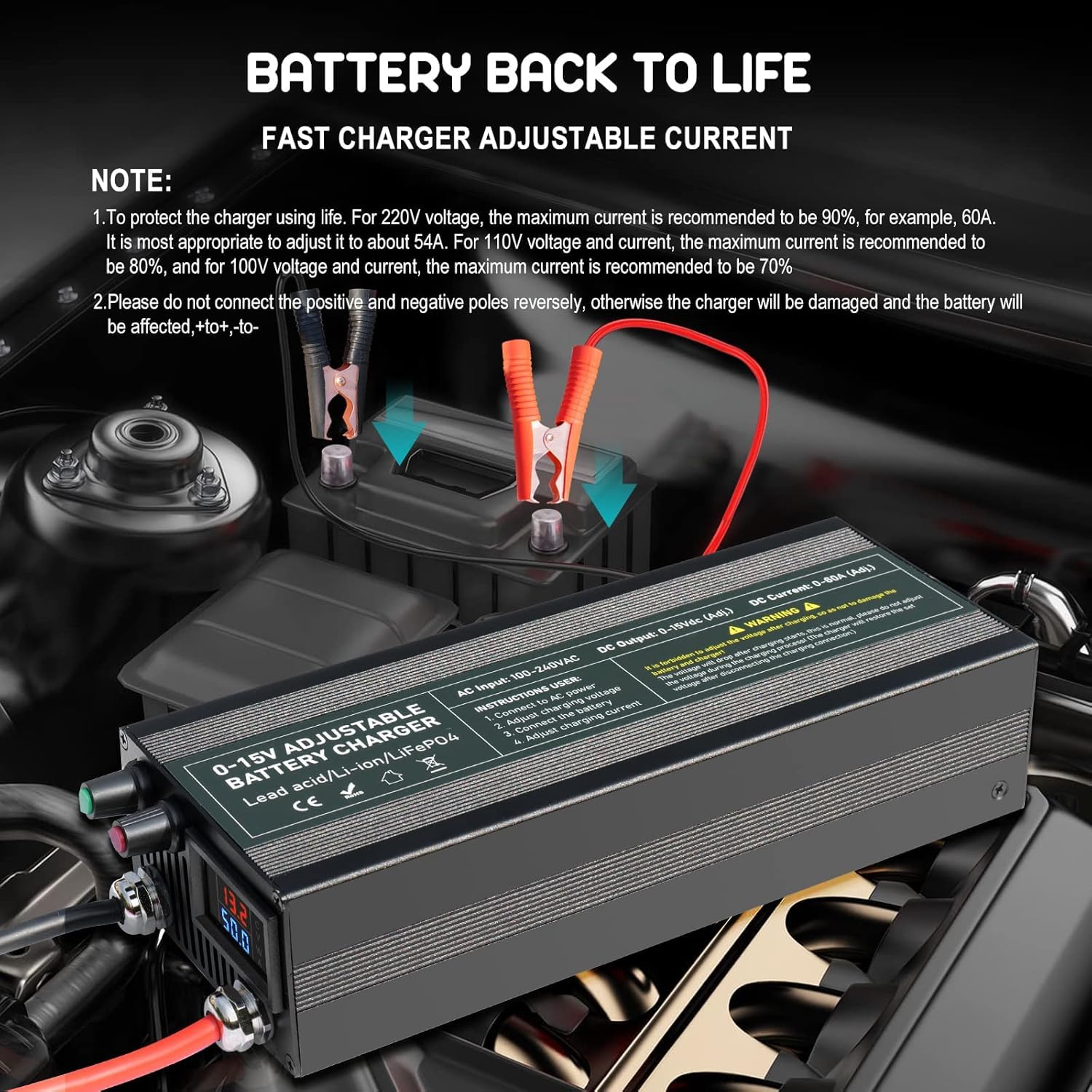 14.6V 60A Smart LiFePO4 Batterieladegerät, 0-15V/0-60A Einstellbar, Schnellladung 12V mit Erhaltungsladung für Auto, Motorrad, Boot, Marine Batterien