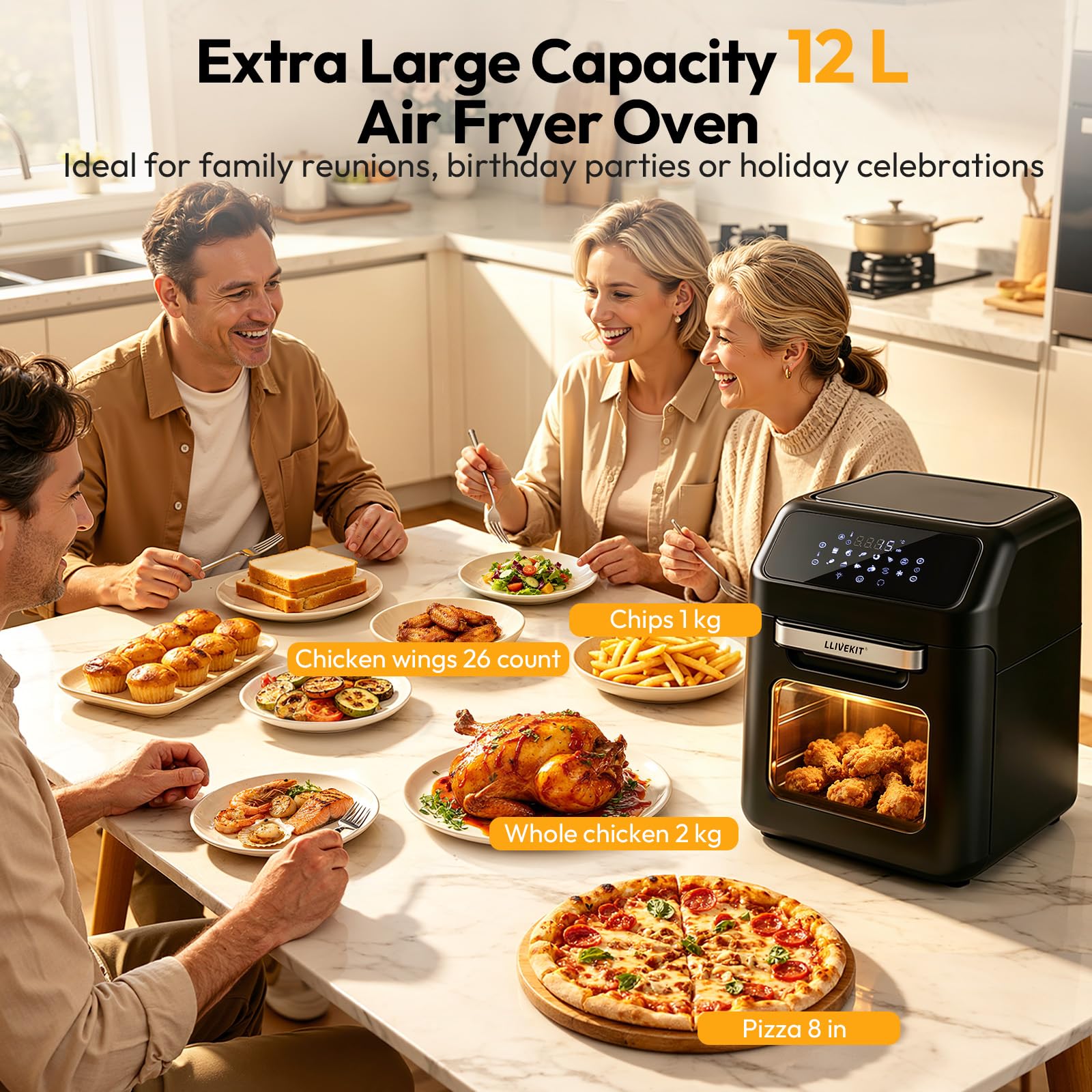 LLIVEKIT Frytkownica na gorące powietrze, piekarnik na gorące powietrze 12 l, mini piekarnik, 1800 W, piec na gorące powietrze z cyfrowym ekranem LED, odwadniacz owoców, grill