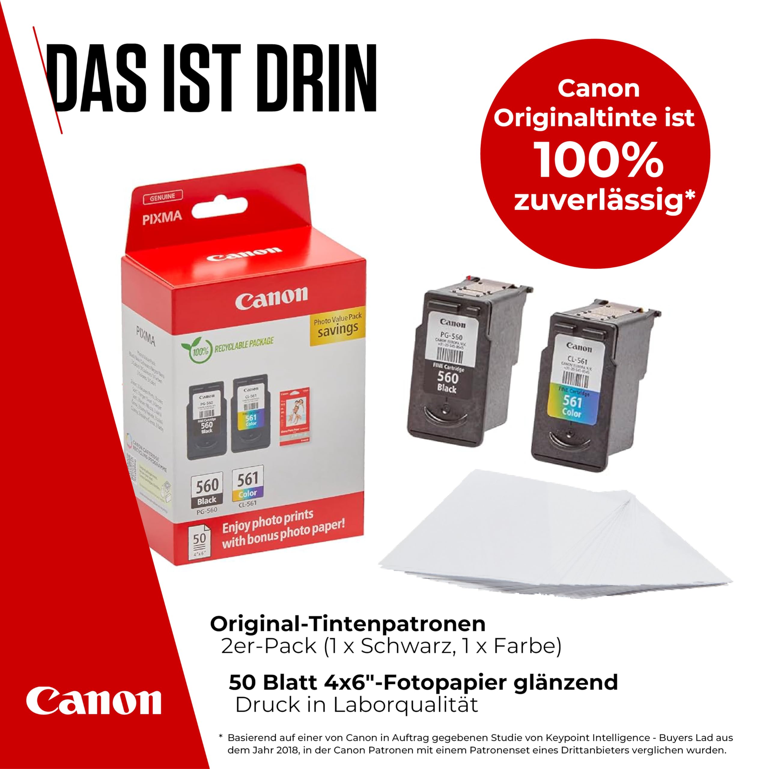 Canon PG-560 CL-561 Original Tintenpatronen 2er-Pack & 4x6 Fotopapier 50 Blatt Multipack