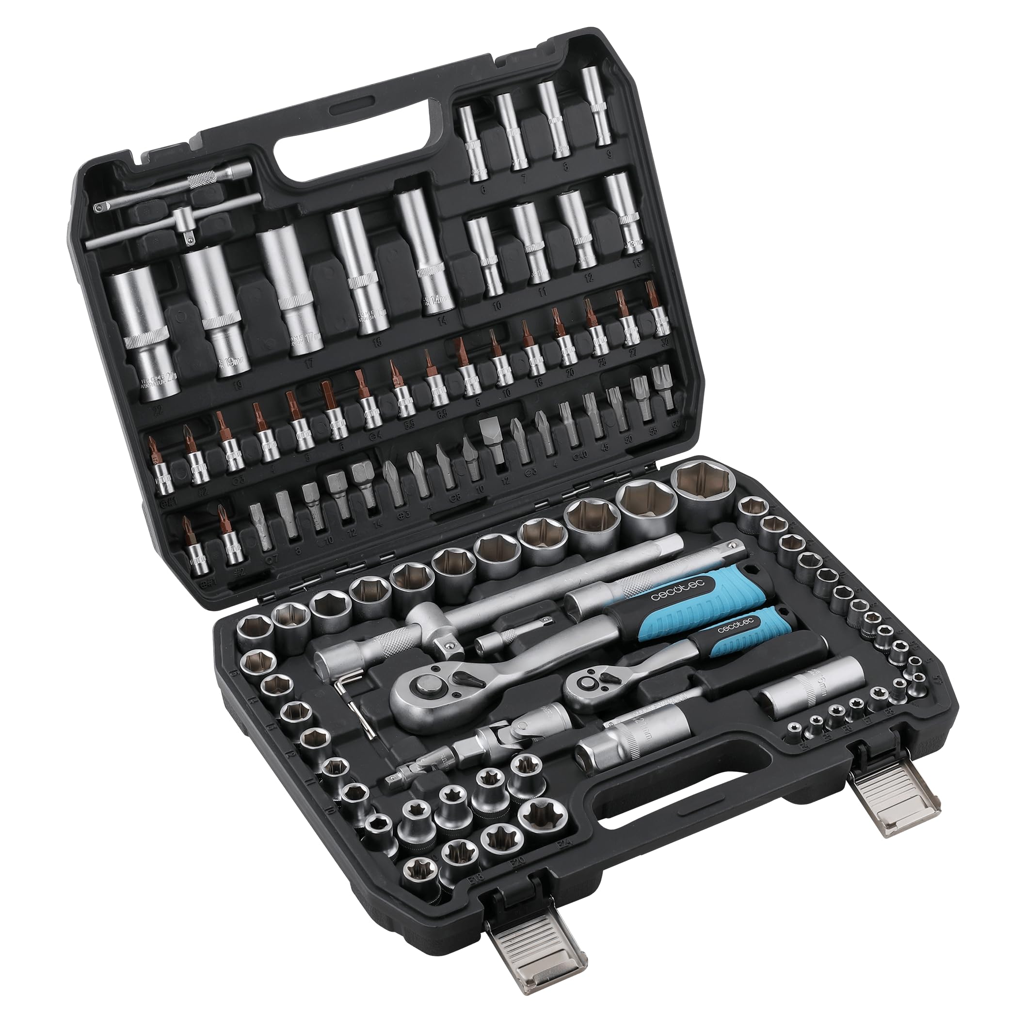 Cecotec Maletín Portaherramientas 108 Piezas ToolBox KRK 4200. 2 Carracas de 72 Dientes, Vasos CR-V de Alta Resistencia, Puntas de Acero S2, Vasos para Llantas, 2 Hebillas Metálicas