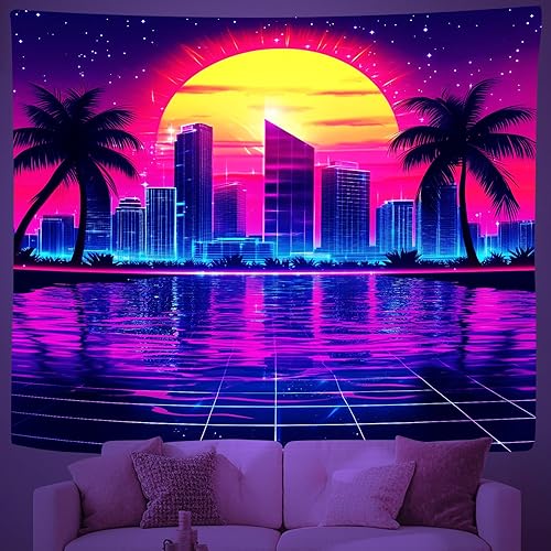 Miniatura 3 de Zpryzmia Blacklight Retro Synthwave Tapestry, UV Reactive Neon Punk City Tapestries Wall Hanging Black Lights Posters Starry Sky Sun Palm Trees