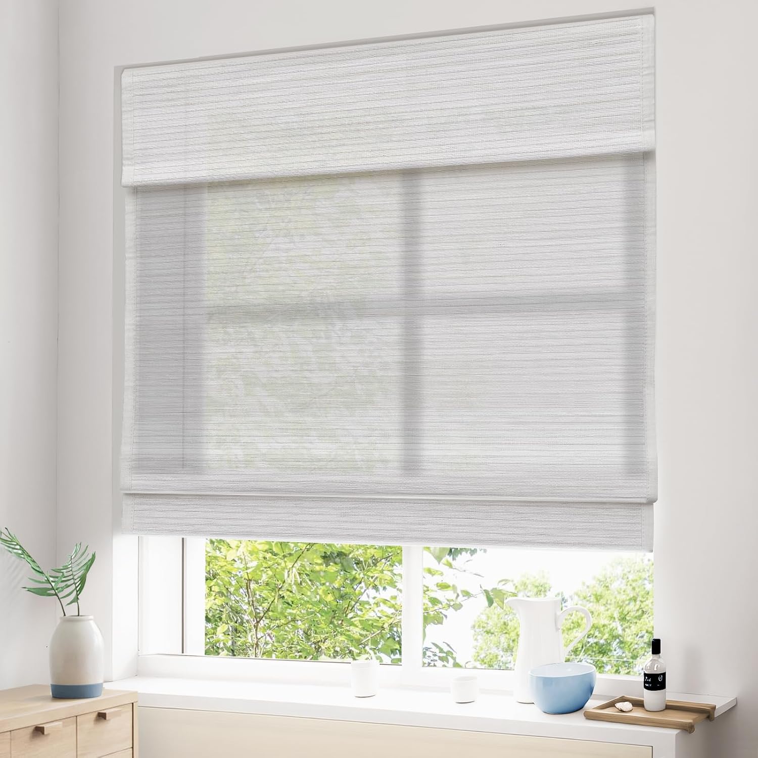 Cordless Roman Shades for Windows, Window Treatments, Natural Fabric Roman Blind, Roman Window Shades, Light Filtering Shades, White(with Edge Liner,Block 40-50% Light), 36" W X 48" H