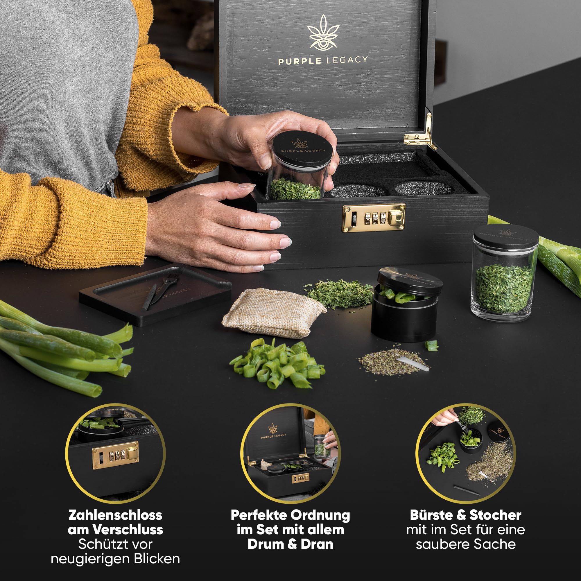 Grinder Set Moulin à Herbes Moulin à Herbes Set Boîte de rangement en bois de pin avec serrure Grinder Moulin à Epicé Moulin à Spice Grinder en Zinc Alliage avec 4 pièces Set