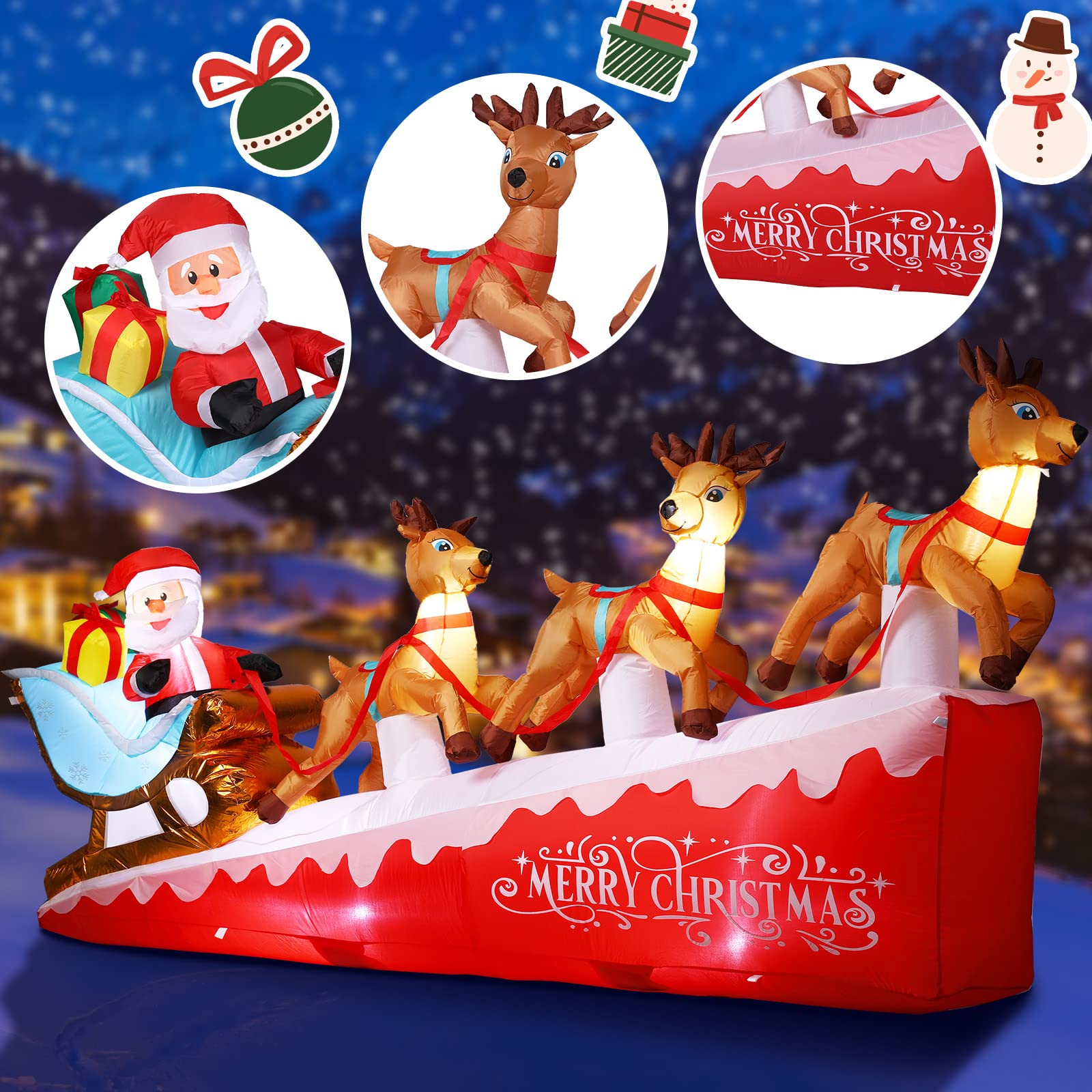 Décoration Gonflable Noël Traîneau Père Noël & 2 Rennes - 220x100x130cm - LED - Pour Jardin