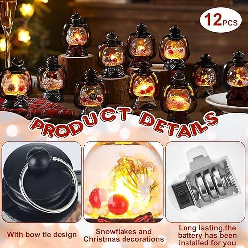 Miniatura 2 de ROCEEI 12 mini faroles de Navidad con conos de pino, bayas, ramas de pino parpadeantes, velas LED parpadeantes, farol de Navidad vintage con