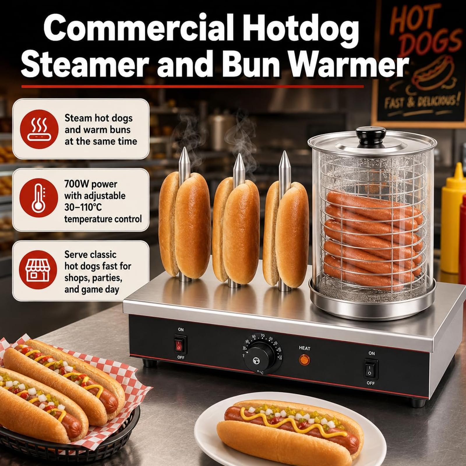 Macchina per cuocere a vapore e scaldapanini per hotdog commerciale, macchina da banco in acciaio inossidabile, 3-4 aste per tostapane e controllo della temperatura regolabile, macchina per 4 Sticks