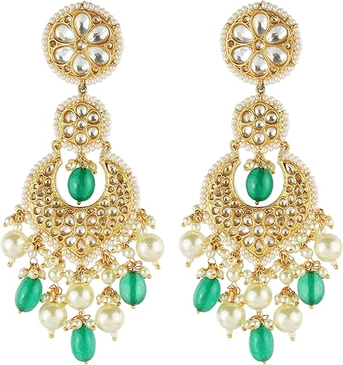 Auraa Trends 22KT Gold Plated Kundan Traditional Handcrafted Stones Green Earring Set for women and Girls