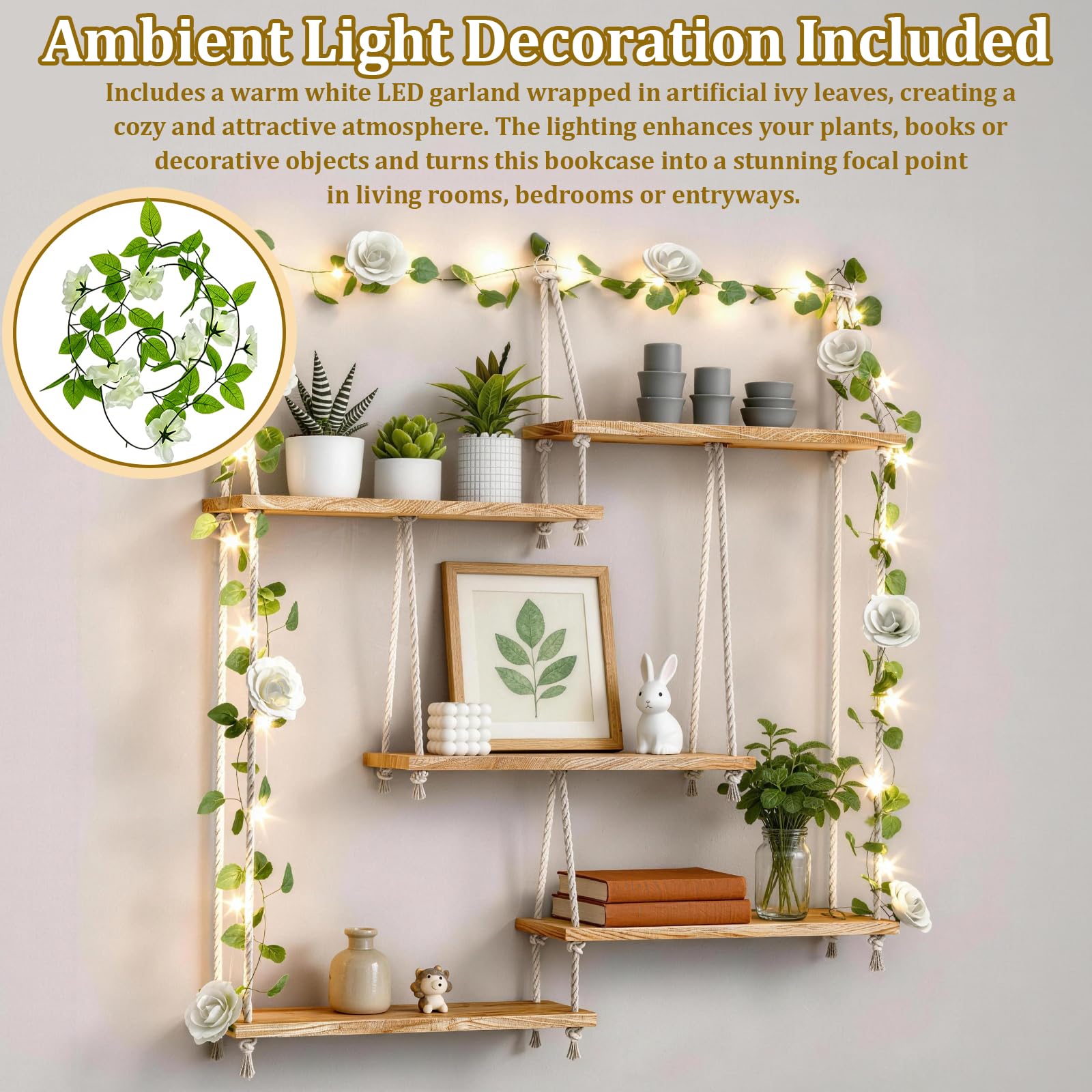 Estantería De Pared De Madera, Estante Flotante De 5 Niveles Colgante | Estilo Bohemio Para Plantas Y Libros Decoración De Macramé Con Guirnalda De Luces De 1,6M Para Sala De Estar Dormitorio
