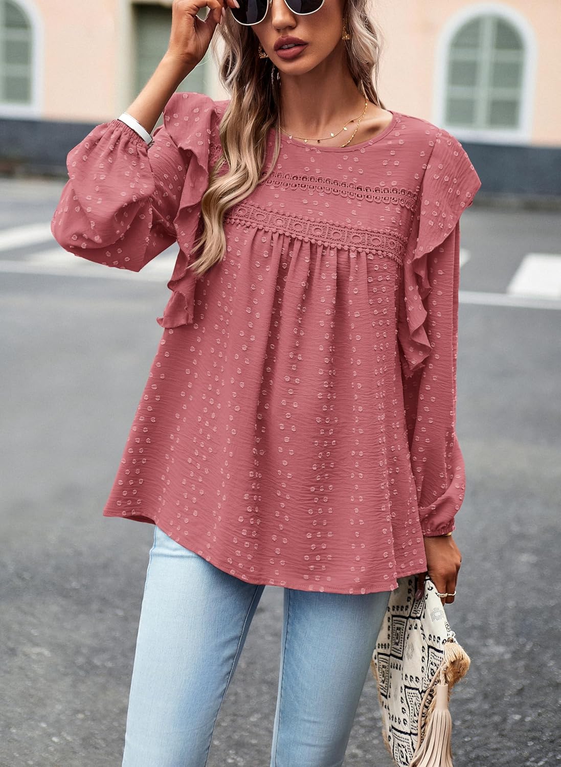 PRETTYGARDEN Women's Long Sleeve Shirts Ruffle Swiss Dot Crochet Loose Fit Tunic Dressy Casual Tops Blouses Spring Fashion - Image 5