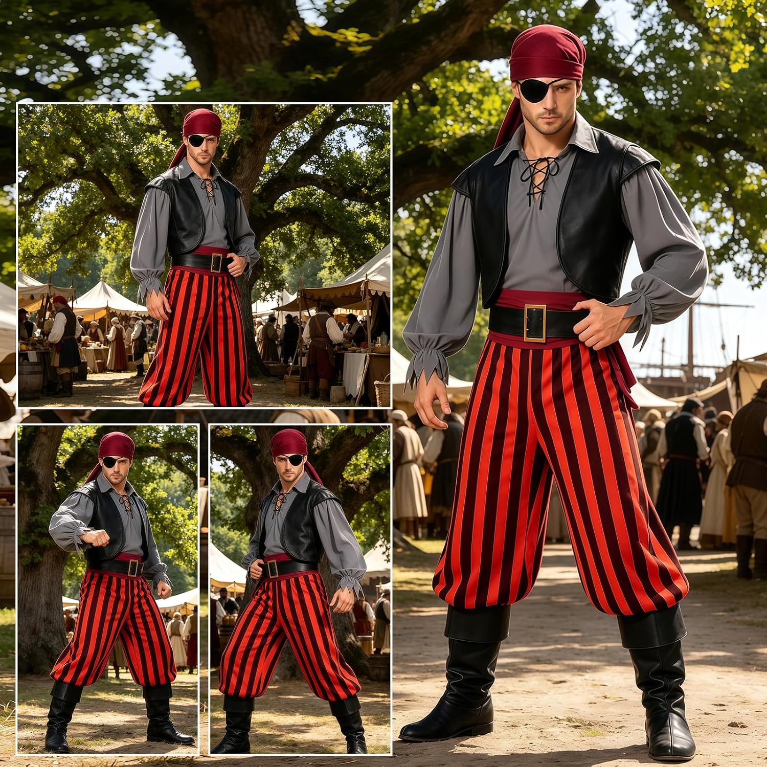 9pcs Adult Halloween Pirate Costume for Men with Accessories