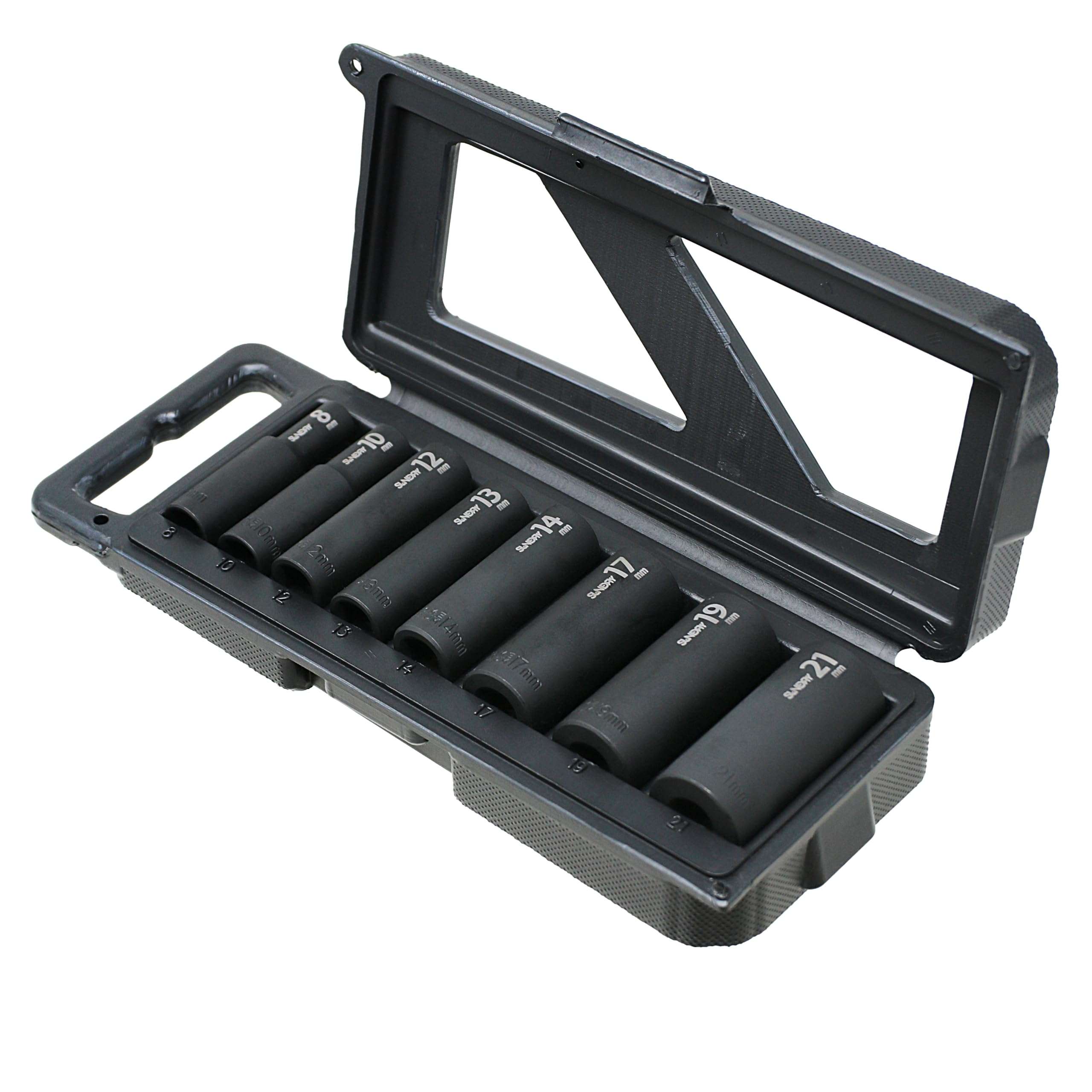 Sundry SDR-B01 zestaw głębokich nasadek, 8-częściowy zestaw, długość całkowita 63 mm, wkładka 9,5 mm kwadratowa (3/20.3 cm) 8/10/12/13/14/17/19/21 mm etui do przechowywania w zestawie, długi typ