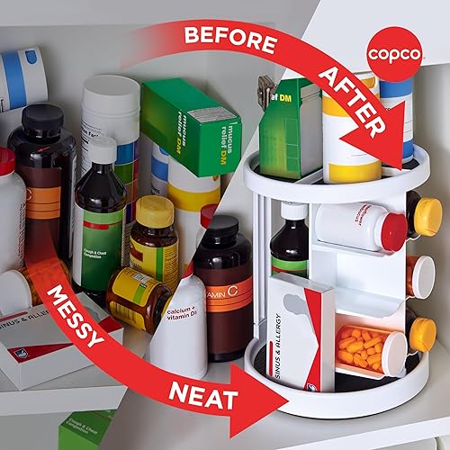 Miniatura 6 de Copco Tocadiscos de vitaminas de 2 niveles blanco y gris con 6 cunas para vitaminas, suplementos, etc. con agarre antideslizante y capas apiladas