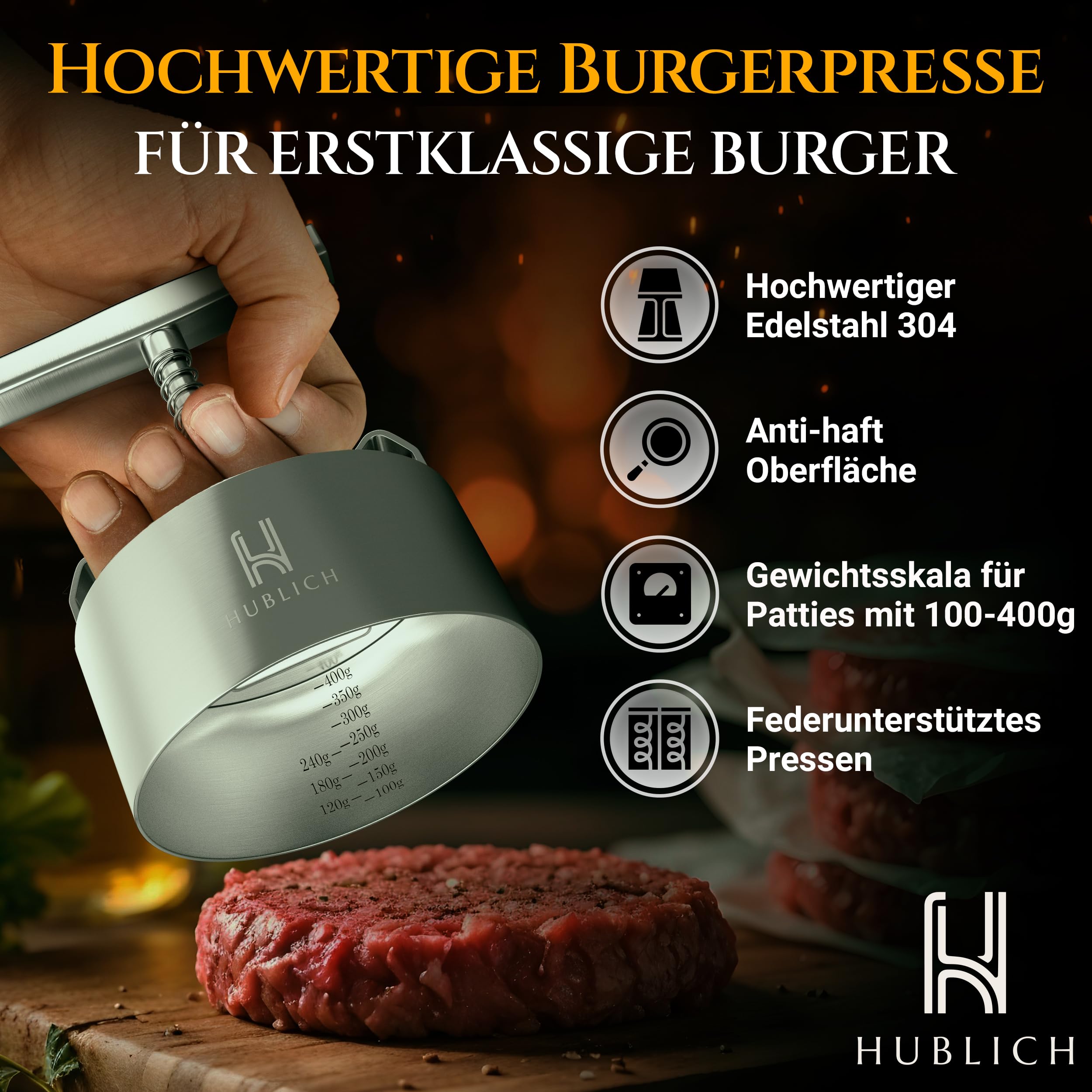 Hublich® Hochwertige Burgerpresse aus Edelstahl – Hamburgerpresse – Ideales Grill Zubehör für perfekte Hackfleisch Patties mit 100-400g – Patty Maker für saftige Hamburger - 2