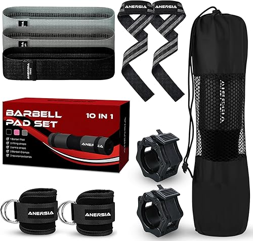 Miniatura 8 de Juego esencial de gimnasio 10 en 1: almohadilla de barra para empuje de cadera, correa de tobillo para máquina de cable, bandas de resistencia, clip