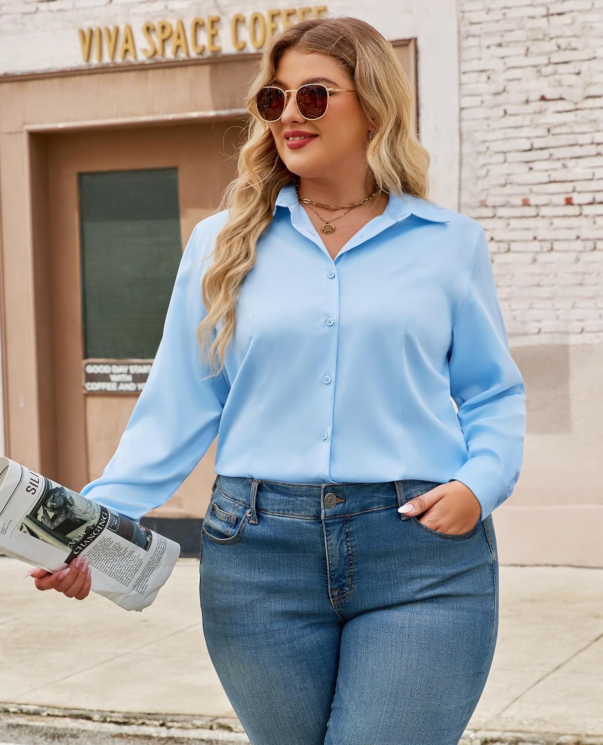 siliteelon Plus Size Button Down Shirts for Women Long Sleeve Dress Shirt Stretch Collared Shirt Work Office Blouse Top - Image 5