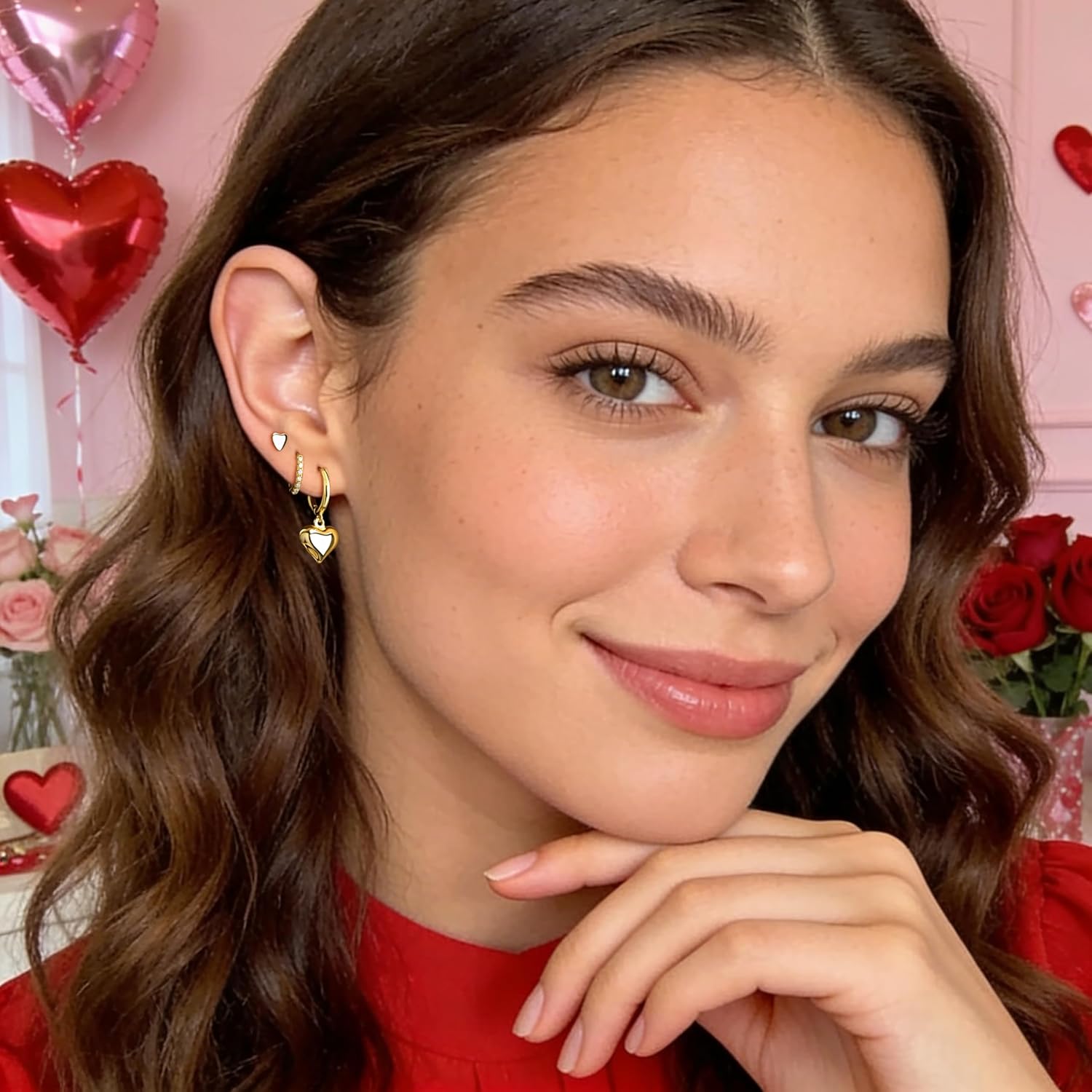 Valentine’s Day Heart Dangle Earrings 3 Pairs Set for Women, Gold Dainty Love Heart Seashell Starfish Cross Stud Hoop Earrings for Multiple Piercing Cartilage, 14K Plated Womens Valentine's Jewelry Gifts - Image 2