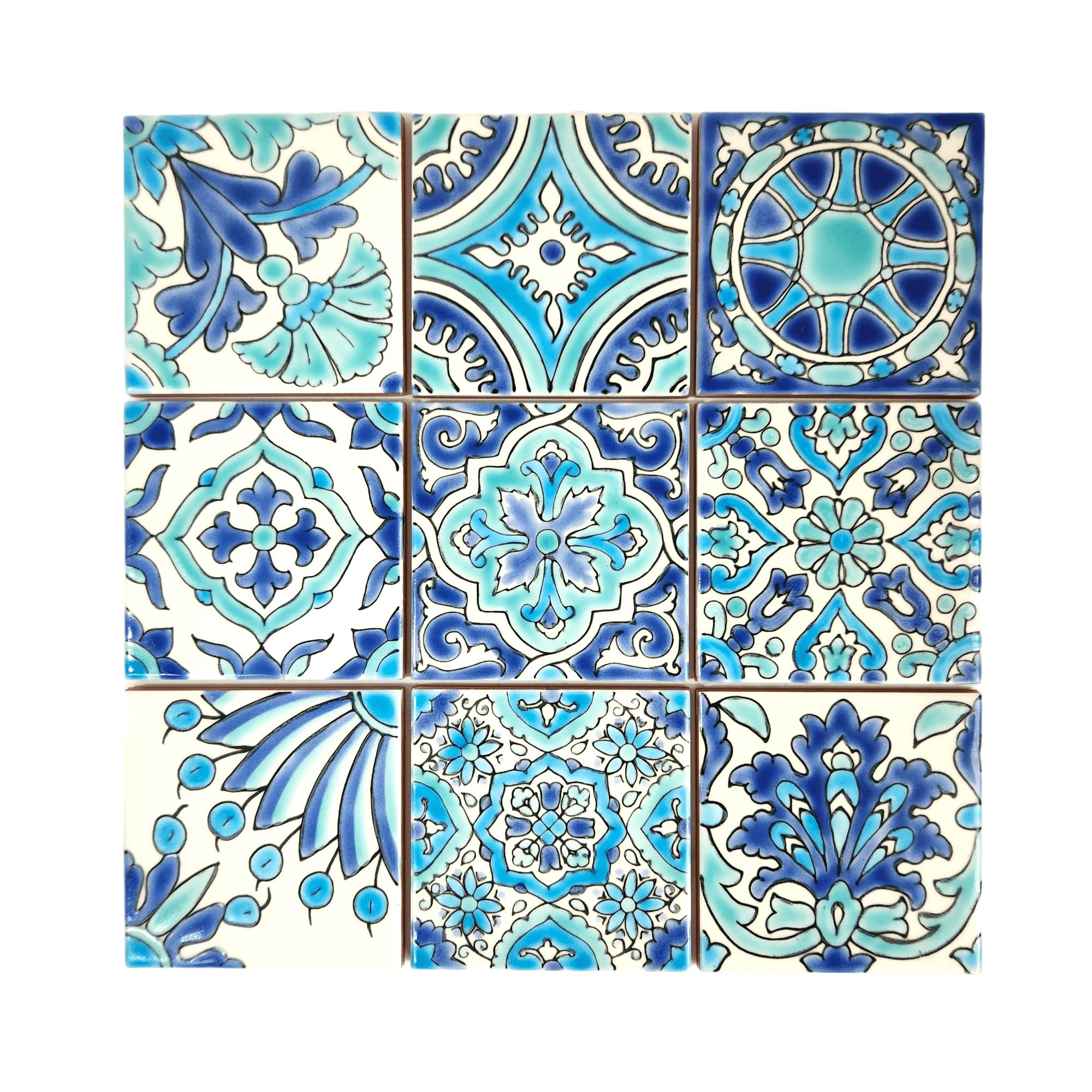 DYARI Set of 9 Decorative Ceramic Tiles – Hand Painted Indoor & Outdoor – Artisan Top Kitchen – Mediterranean Decorative 4x4 / One Tile Durable Colorful (Turquoise & Blue, 9 Tiles (1 Sq Ft))