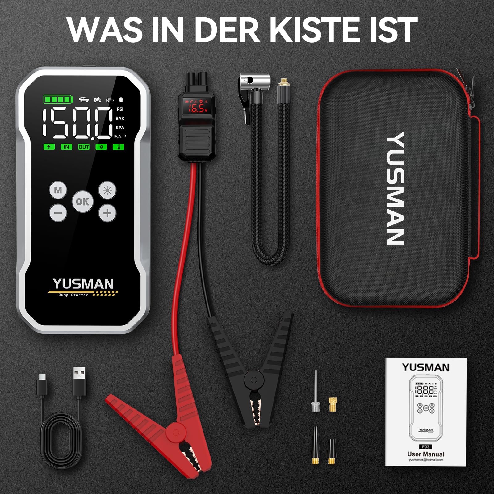YUSMAN Starthilfe Powerbank mit Kompressor | 8000A Auto Starthilfe für alle Benzinmotoren & 8L Diesel | 160PSI Luftpumpe mit LCD & Multifunktions-Taschenlampe