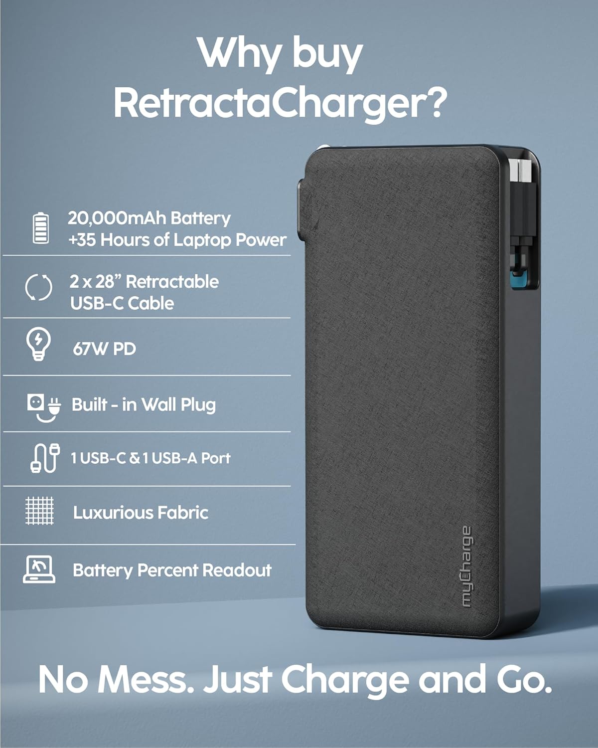 myCharge RetractaCharger - 20,000 mAh Power Bank with Built-in Retractable USB-C Cables and Wall Plug (67 Watts)