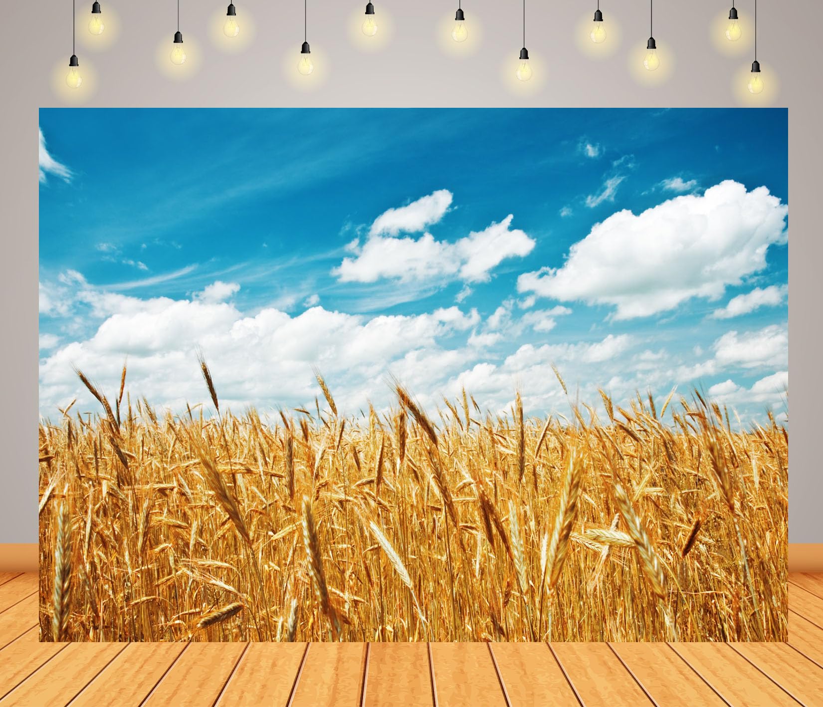 20x10FT (6x3m) Campo Di Grano Dorato Sotto Cielo Blu Sfondo Fotografico | Paesaggio Agricolo Estivo Soleggiato Fondale In Tessuto,Spighe Alte Nuvole,Per Feste Del Raccolto E Foto,Photo Booth