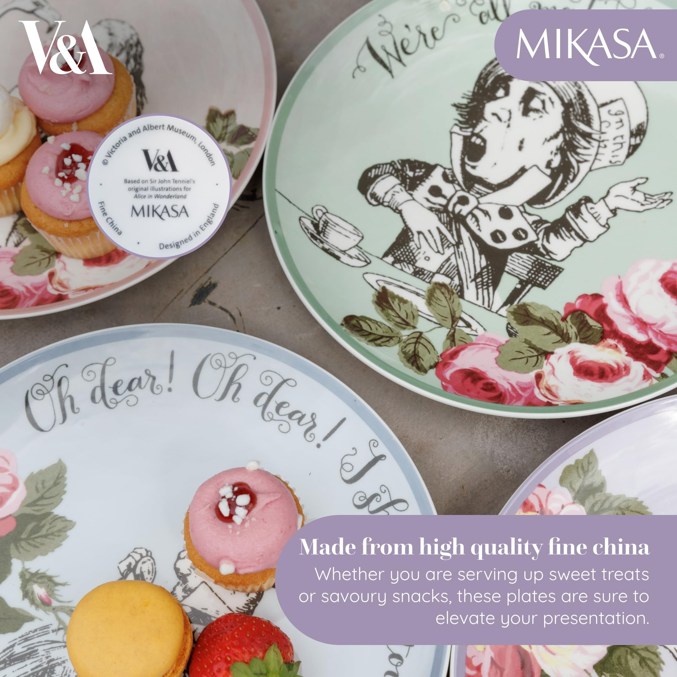 MIKASA and The V&A - Juego de 4 platos para tartas para té de la tarde, 21 cm, porcelana china, té de Alicia en el país de las maravillas, apto para lavavajillas y en caja de regalo
