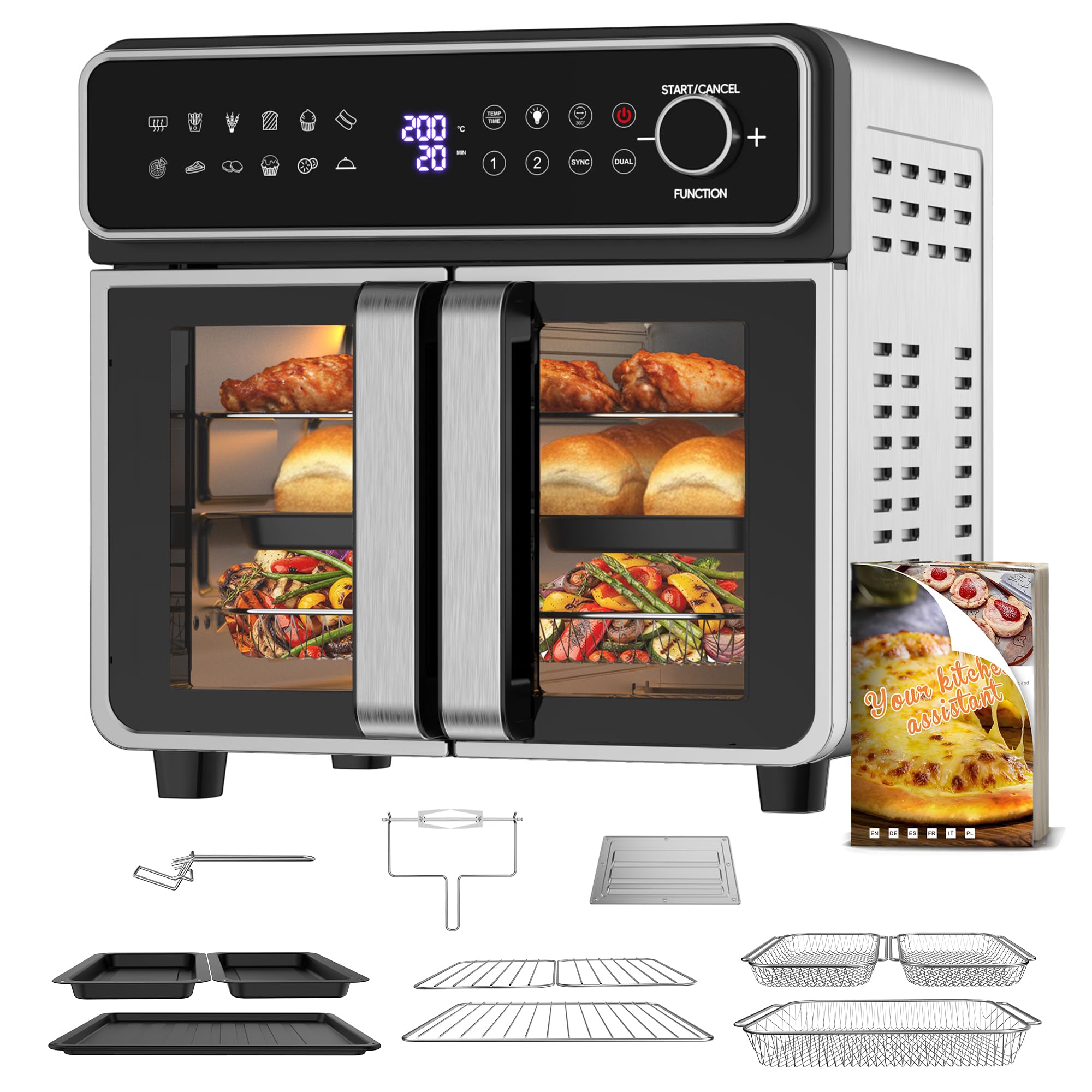 Emphsism Freidora de Aire 23L XXL - Mini Horno Eléctrico Zona Flexible, Doble Puerta Freidora Aire Temperatura Independiente 200°C, 12 en 1 Air Fryer Ventana Luz Interna & Recetas, para Familias