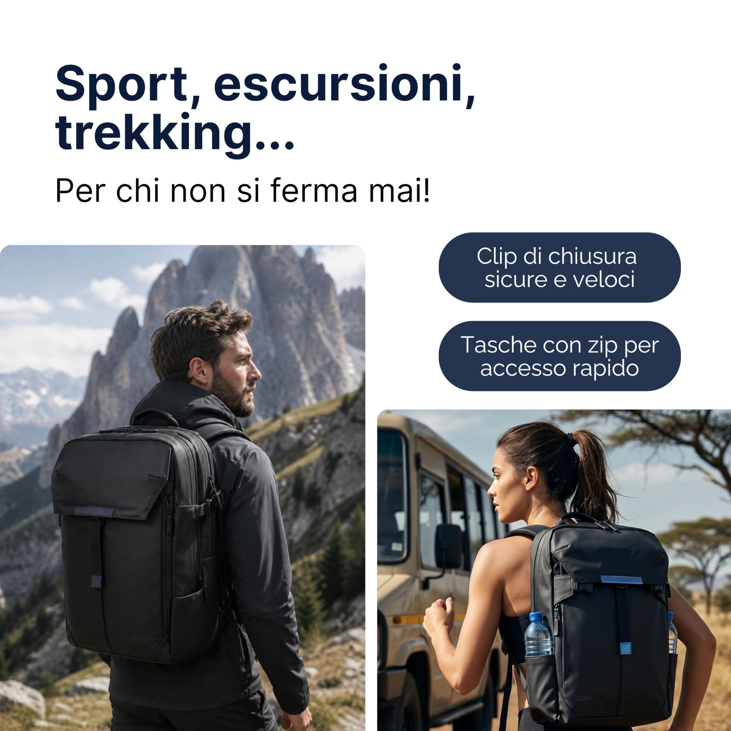 MASC Zaino da Viaggio Multitasche Impermeabile ed Ergonomico 27L, ideale come Zaino da Lavoro Porta PC 18’’, Elegante per l’Ufficio