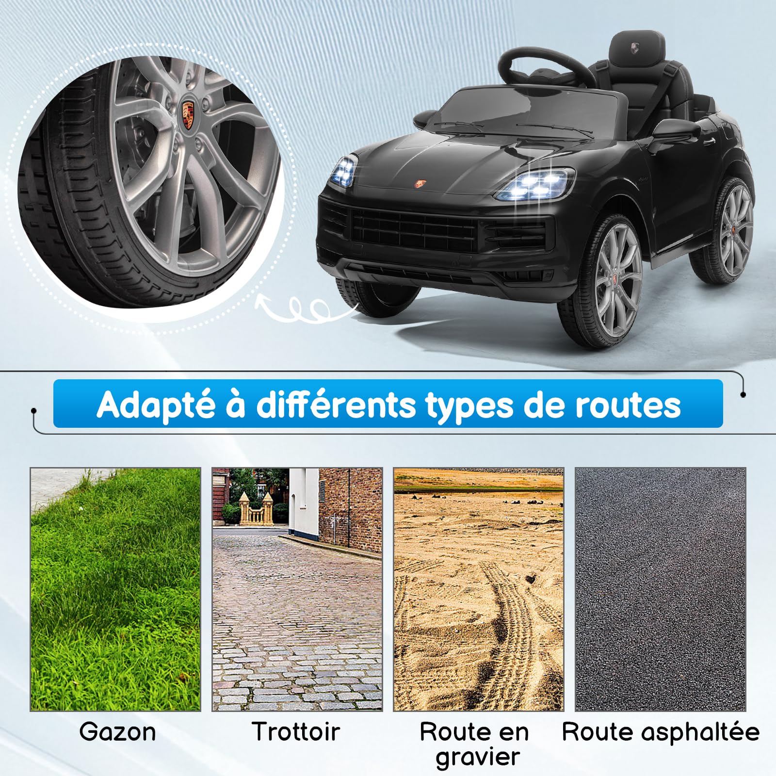 LALAHO Porsche Cayenne Enfant 12V Noir télécommande parentale lumières